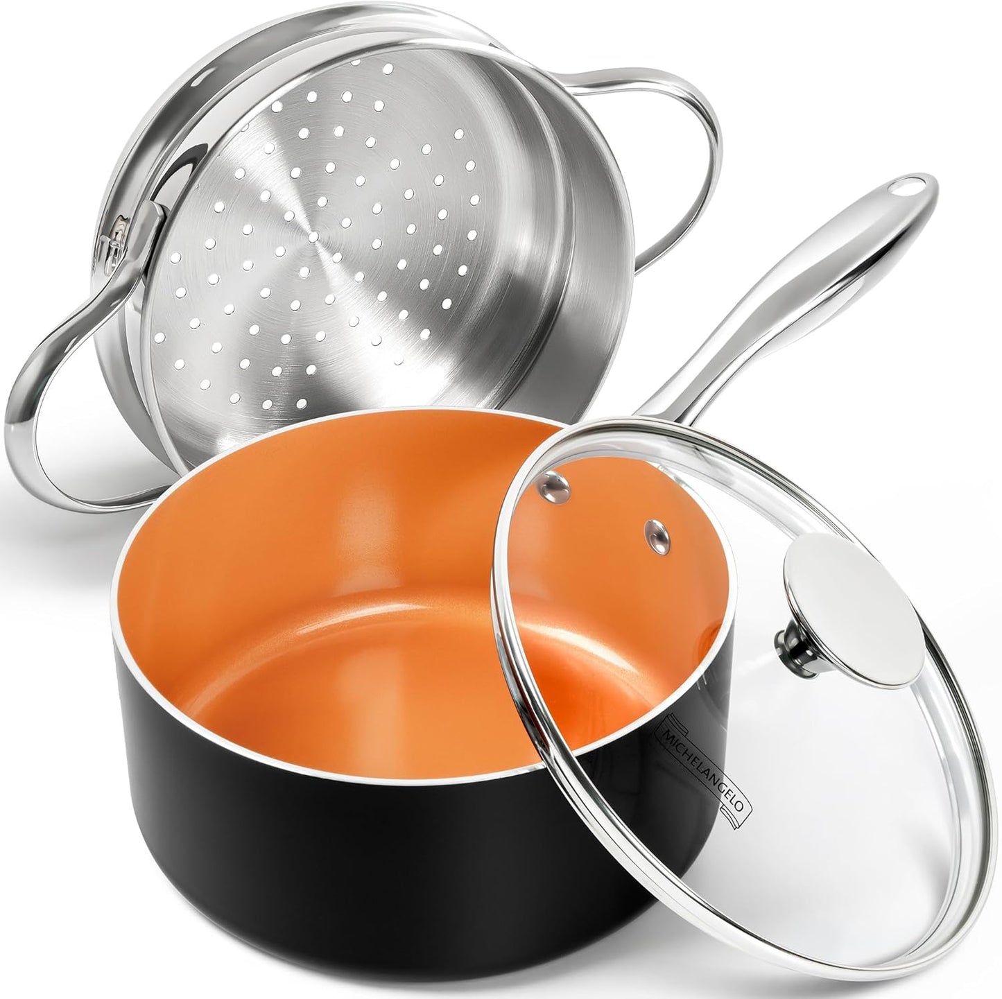 MICHELANGELO 2 Quart Saucepan with Steamer & Glass Lid - Nonstick Sauce Pan with Lid | Ceramic Steamer Pot, Induction Compatible, Oven Safe