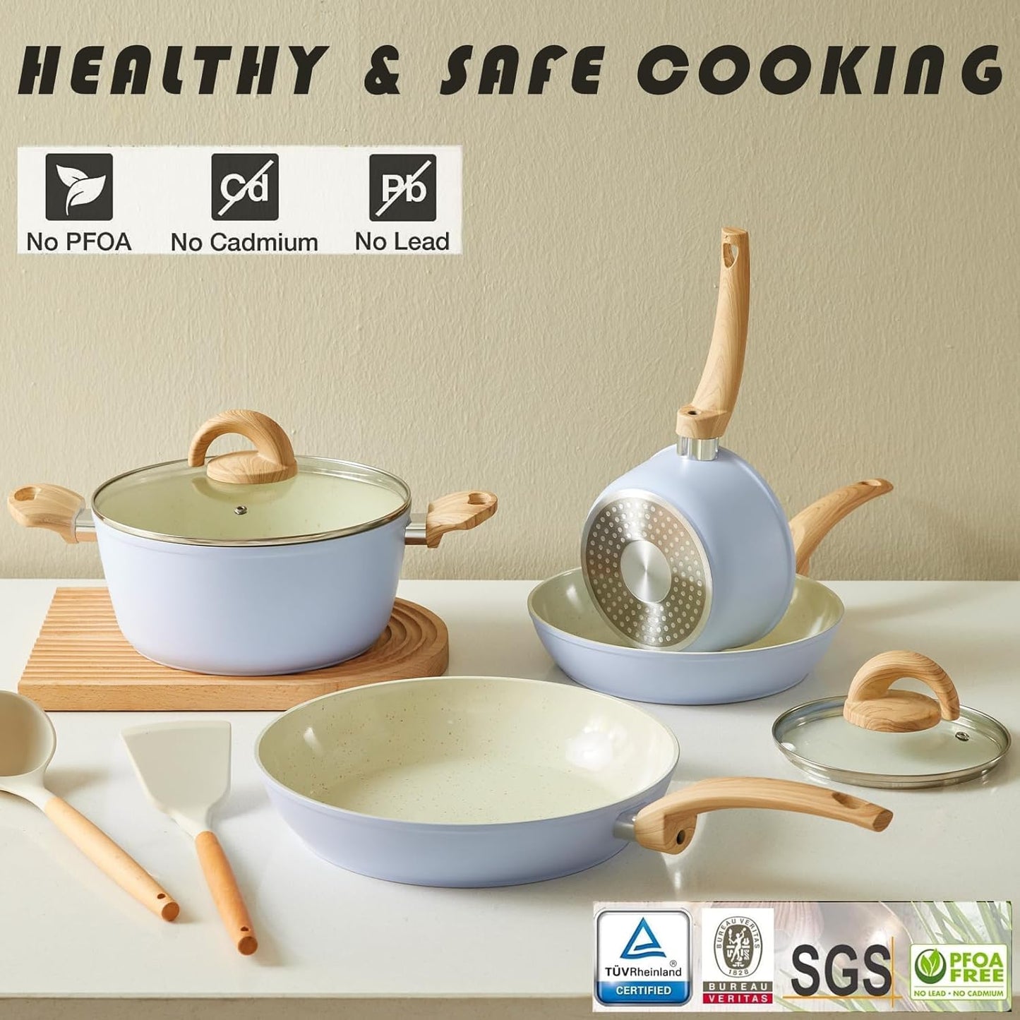 Blue Non Stick Pots and Pans Set, Healthy Ceramic Cookware Set, 12pcs Kitchen Cooking Pots and Frying Sauce Saute Pans Set, PFAS-Free with Kitchen Utensils and Lid