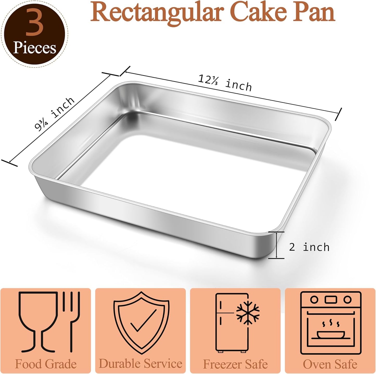 LIANYU Rectangle Baking Pan Set of 3, 12⅓ x 9¾ x 2 Inch Cake Lasagna Pan, Stainless Steel Toaster Oven Bakeware for Casseroles Brownies, Oven & Dishwasher Safe