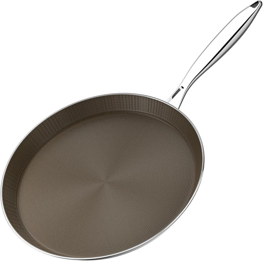 10 Inch Stainless Steel Crepe Pan - Titanium Ceramic Nonstick Crepe Pan, Stainless Steel Pancake Pan, Non Stick Flat Skillet Tawa Dosa Tortilla Griddle Pan, Induction Compatible, PFOA&PFAS Free