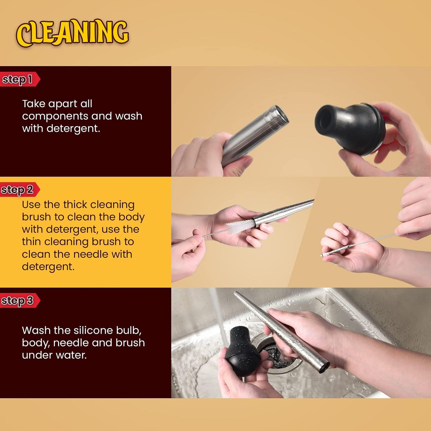 Turkey Baster, Stainless Steel Baster for Cooking with Marinade Injectors Syringe, Basting Brush, Thick Cleaning Brush & Thin Cleaning Brush