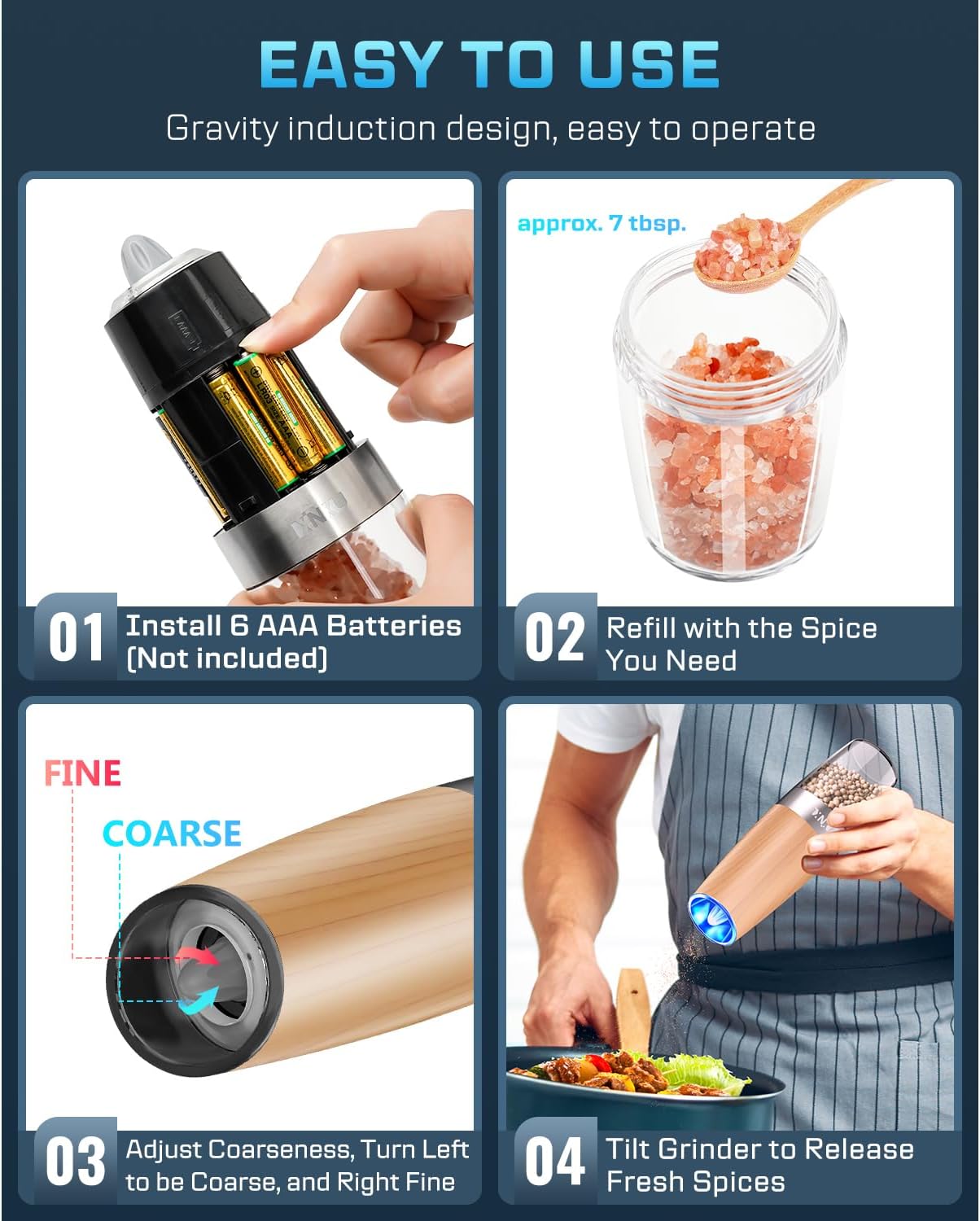 XinXu Gravity Electric Pepper and Salt Grinder Set, Automatic Mill Grinder Shaker,Battery-Operated, Adjustable Coarseness, Stainless Steel, LED Light, One Hand Operated,Wood Grain