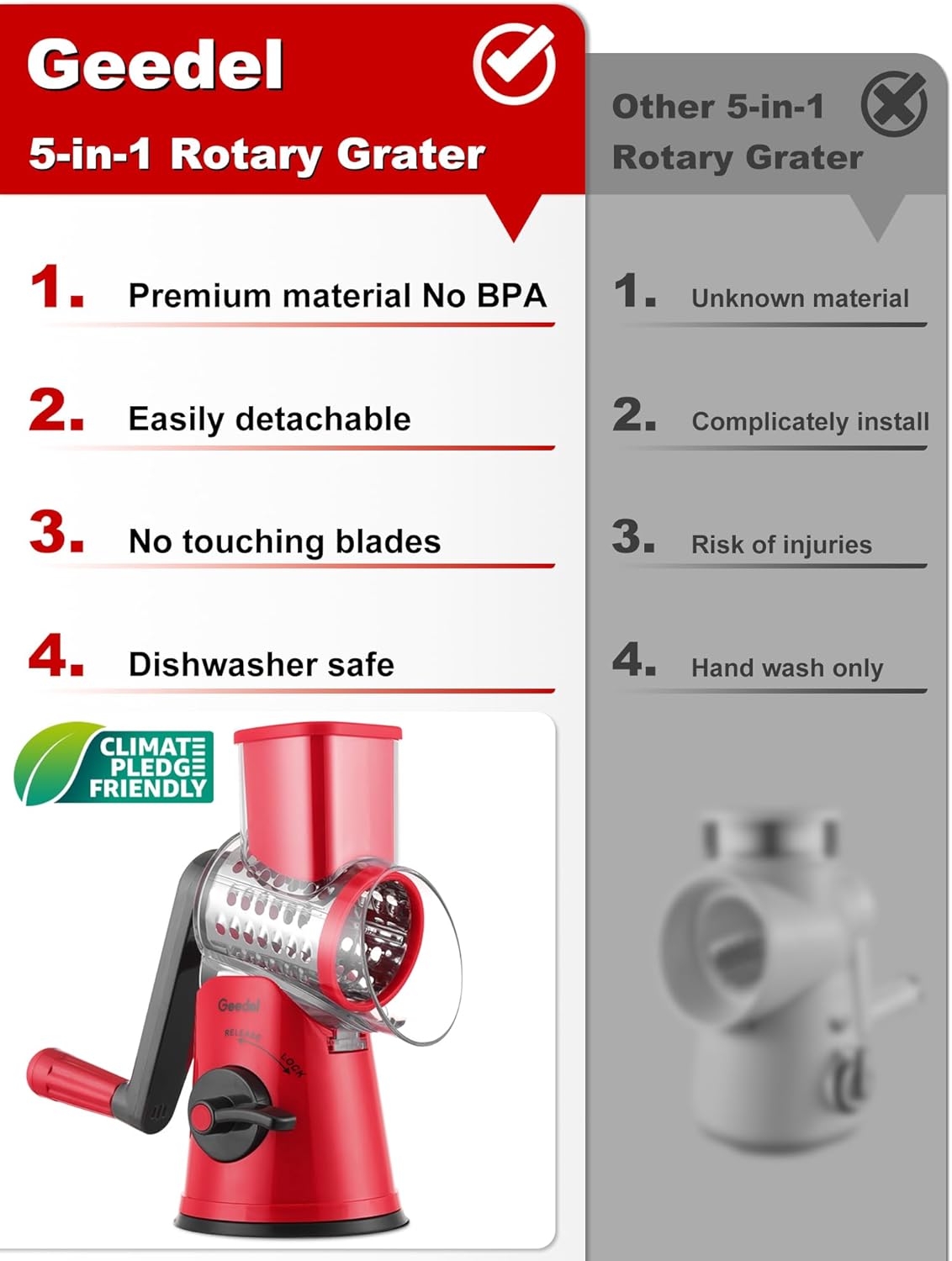 Geedel Rotary Cheese Grater Cheese Shredder - Upgraded 5-in-1 Cheese Grater with Handle and Strong Suction Base, Multi-purpose Vegetable Slicer Ice Shaver Nuts Grinder for Ice, Vegetables, Fruit, Nuts