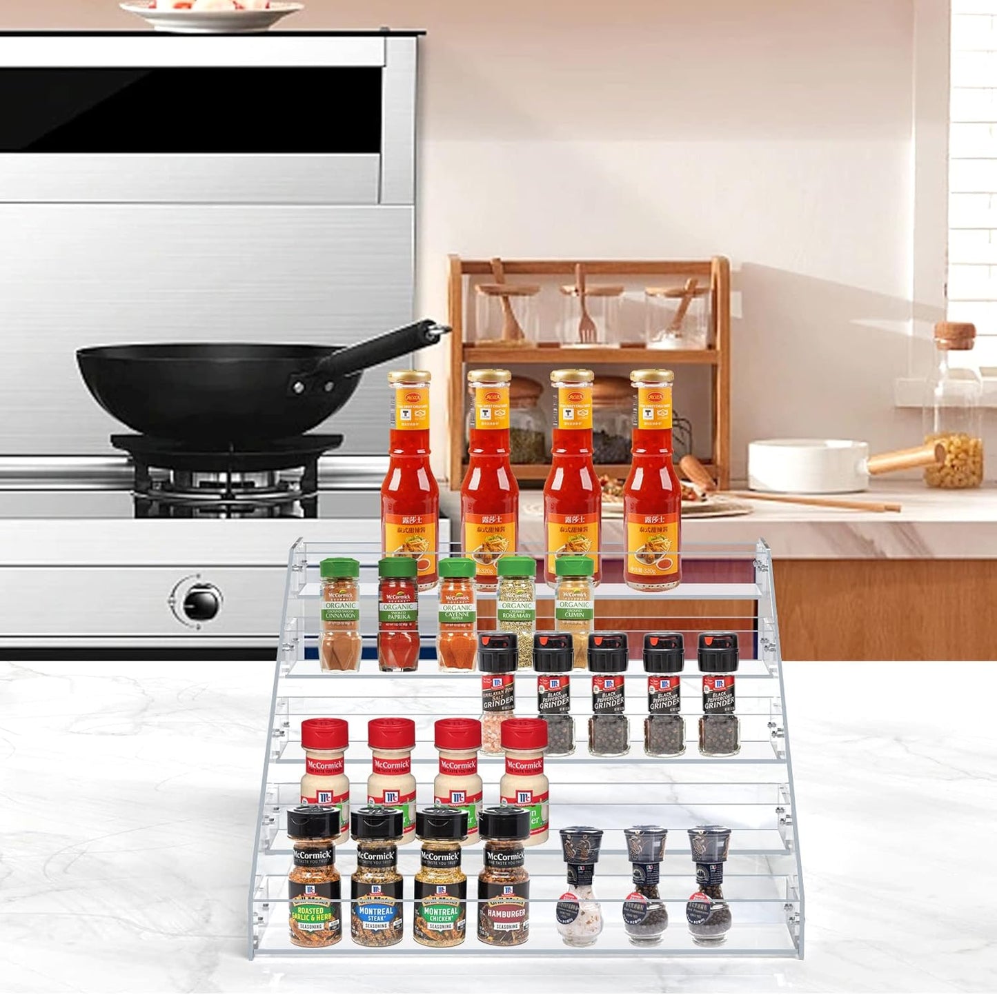 PMMASTO Tiered Spice Rack, Seasoning Organizer, Clear Acrylic Vertical Shelves Can Organizer for Countertop, Cabinet, Pantry, Kitchen Organization and Storage - 5 Tier