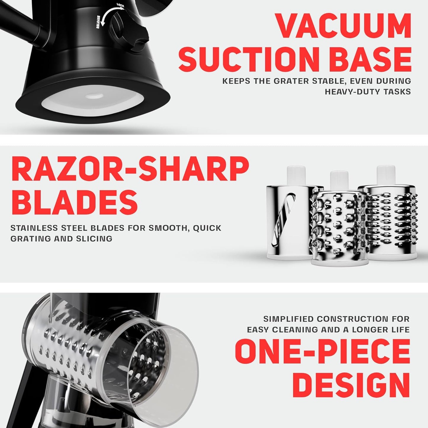 Rotary Cheese Grater Hand Crank - Counter Top 3 Blade Manual Cheese Shredder with Reinforced Suction, 3 Interchangeable Drums, Easy to Use Vegetable Chopper, Round Mandoline Slicer, Black