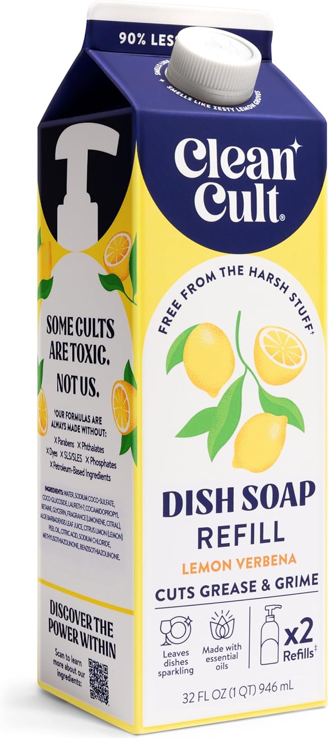 Cleancult Dish Soap Liquid Refill (32oz, 1 Pack) - Plant Based Cleaning Power - Dish Soap that Cuts Grease & Grime - Free of Harsh Chemicals - Uses 90% Less Plastic - Lemon Verbena