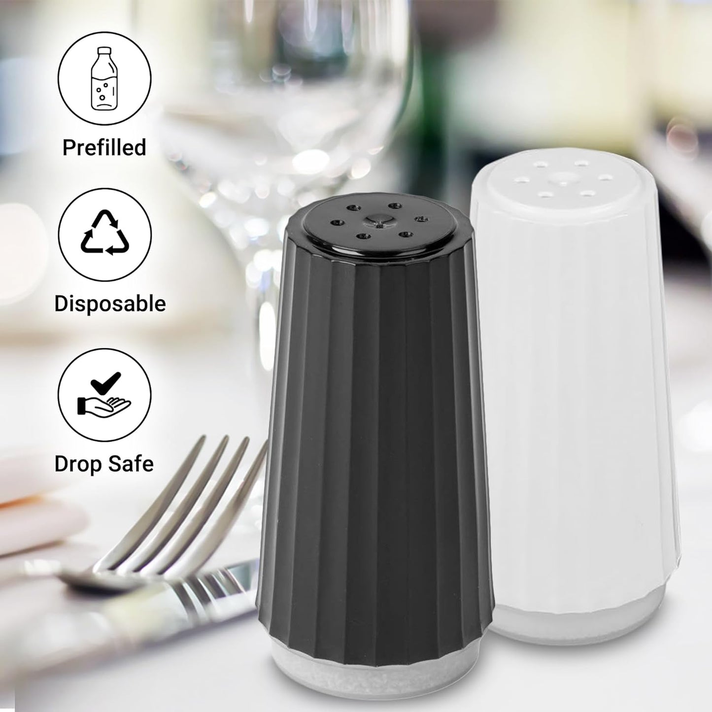 Disposable Salt and Pepper Shakers by Global Basics - Plastic Shaker Sets for Parties, Restaurants, Picnics, Cookouts - Prefilled Salt and Pepper Shakers with 4oz. Salt, 1.5oz. Pepper - 48-Pack