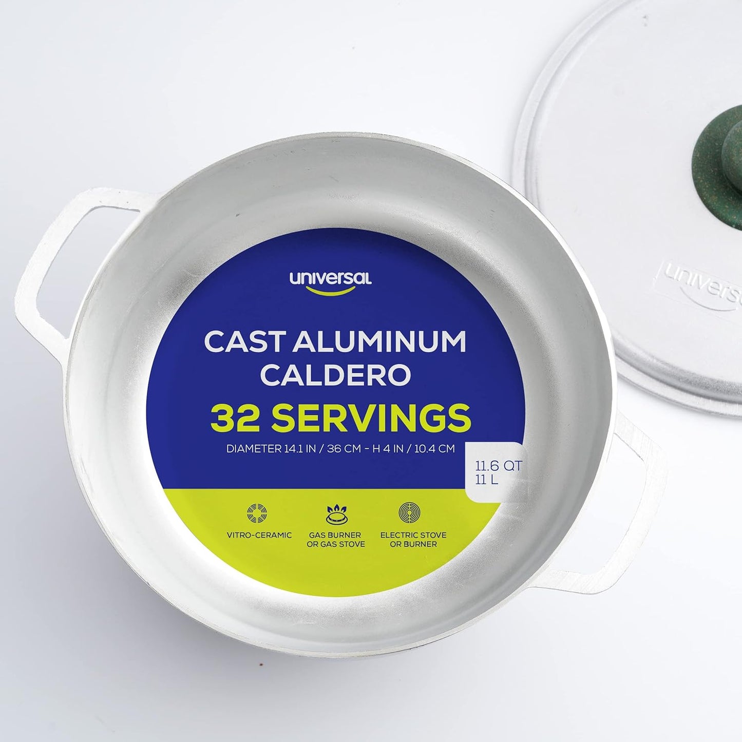 Universal (Professional Large) Caldero 32 Cups - 11.6 QT / 11 L, Stainless Aluminum Pot, Even Heat Distribution and Fast Cooking Dutch Oven Pot, Ergonomic Handles, Ideal for Rice, and French Fries