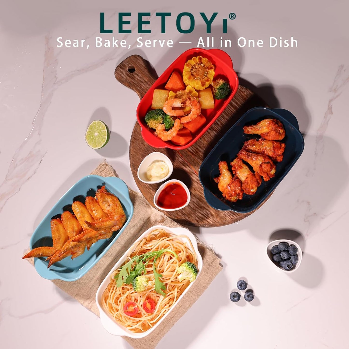 LEETOYI Ceramic Small Baking Dish, Porcelain 2-Piece Rectangular Bakeware with Double Handle, Baking Pans for Cooking and Cake Dinner 7.5"×5 (Red)