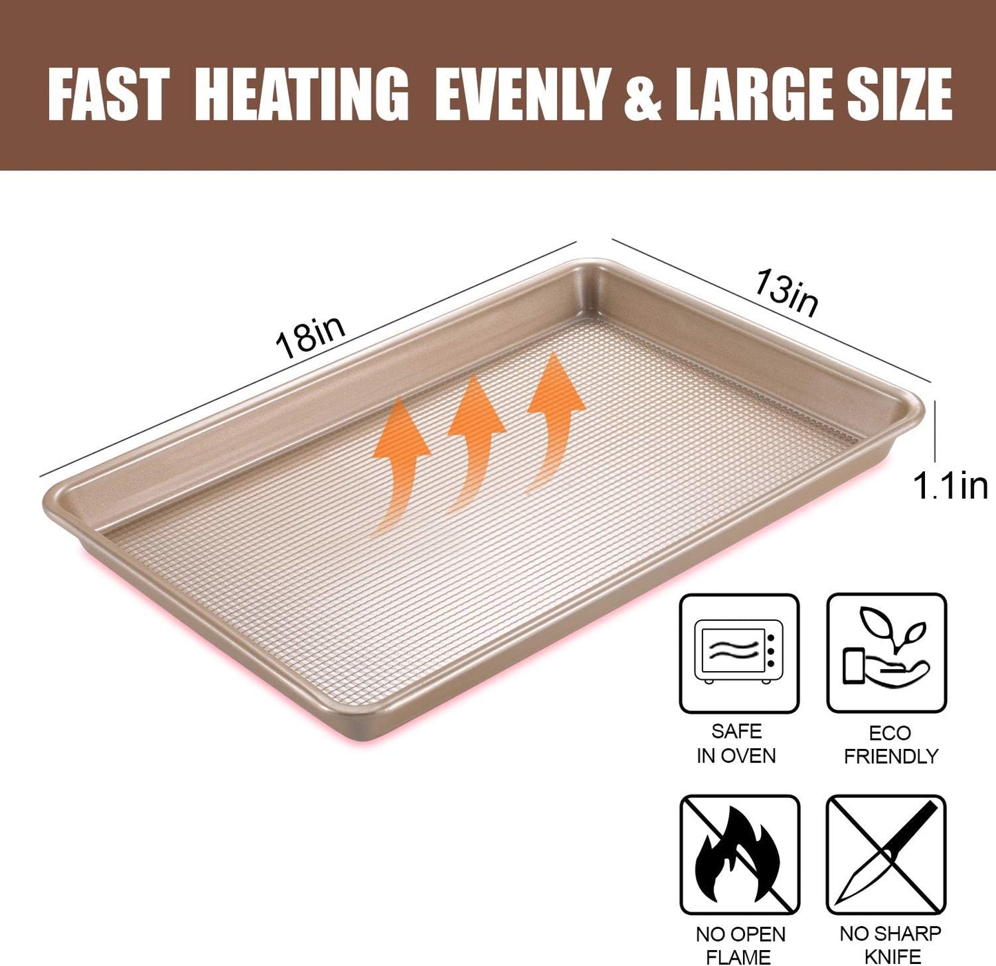 Commercial Half Sheet Pan Set - 18x13 Inch Large Nonstick, Heavy Duty Warp Resistant Cookie Tray for Baking Roasting - Gold