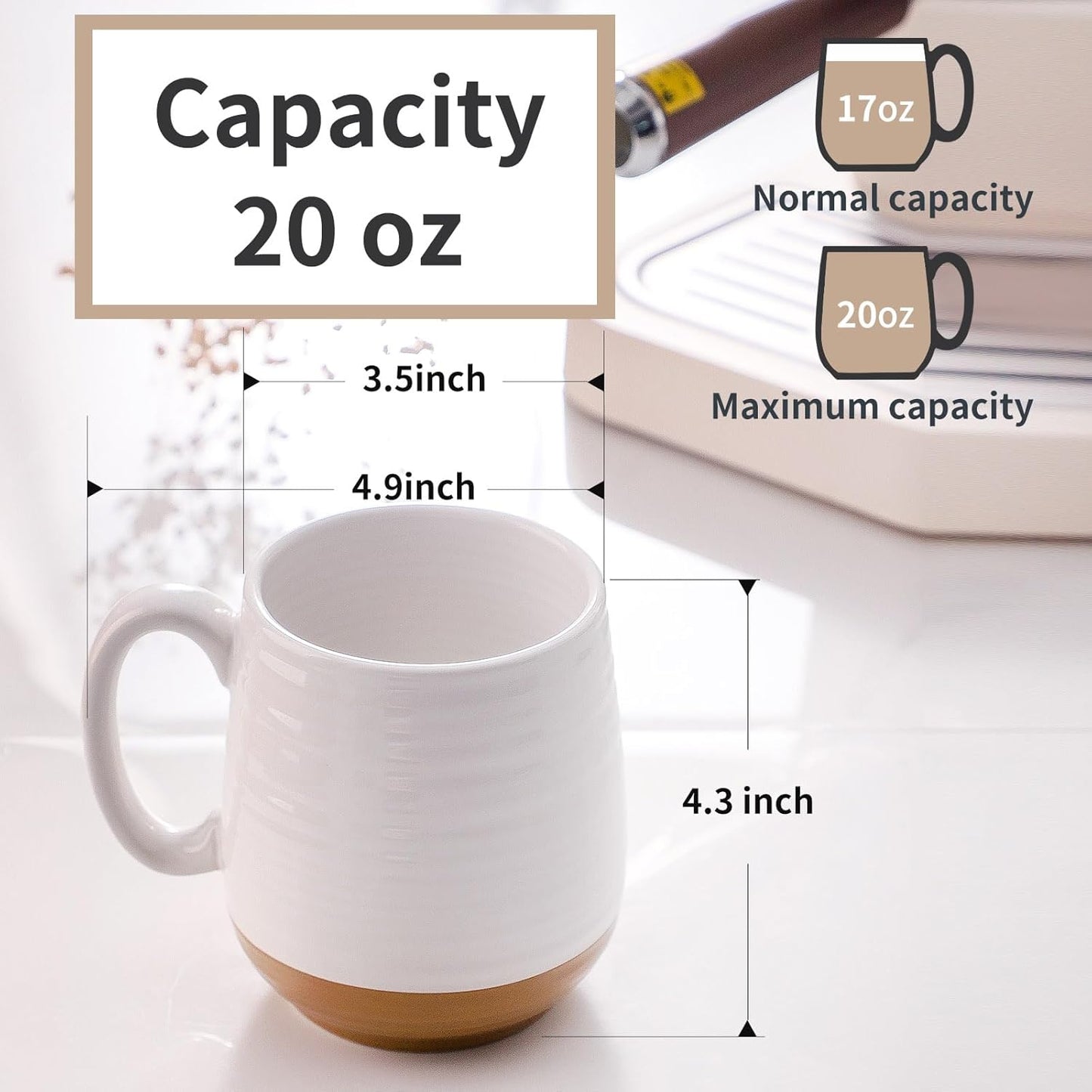 Hasense Large Coffee Mug with Handle, 20 oz Ceramic Tea Cup for Men and Women, White Soup Mugs for Coffee, Tea, Hot Cocoa, Latte, Big Christmas Mug, Microwave Dishwasher Safe, 1 PCS