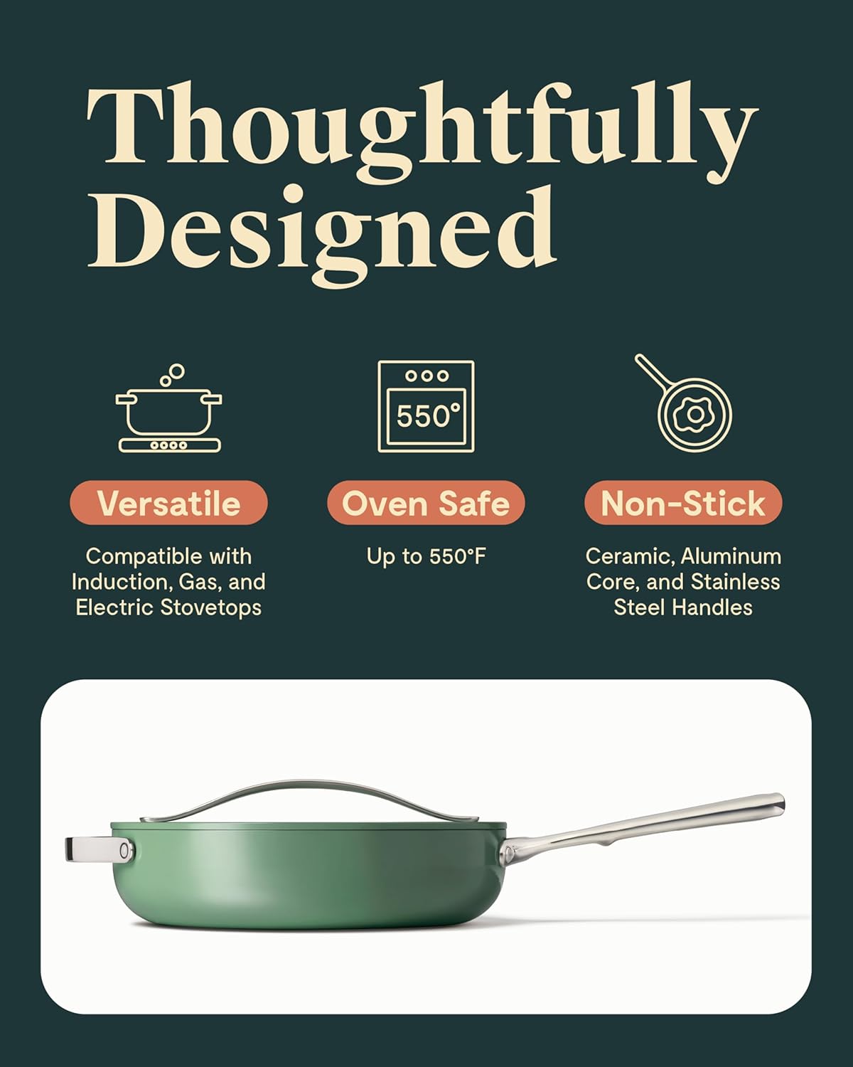 Caraway Nonstick Ceramic Sauté Pan with Lid (4.5 qt, 11.8") - Non Toxic, PTFE & PFOA Free - Oven Safe & Compatible with All Stovetops (Gas, Electric & Induction) - Sage