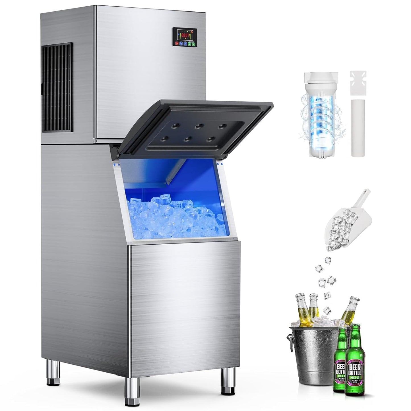 500 LBS/24H Commercial Ice Machine Maker with 350LBS Storage Bin, Large Industrial Ice Maker, Self-Cleaning, Timing Function, 132 Ice Cubes in 5-15min, 30 Adjustable Ice Thicknesses