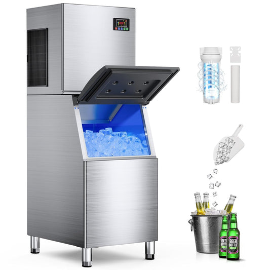 500 LBS/24H Commercial Ice Machine Maker with 350LBS Storage Bin, Large Industrial Ice Maker, Self-Cleaning, Timing Function, 132 Ice Cubes in 5-15min, 30 Adjustable Ice Thicknesses