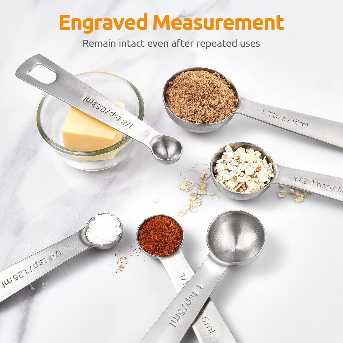 Measuring Spoons: U-Taste 18/8 Stainless Steel Measuring Spoons Set of 6 Piece: 1/8 tsp, 1/4 tsp, 1/2 tsp, 1 tsp, 1/2 tbsp & 1 tbsp Dry and Liquid Ingredients