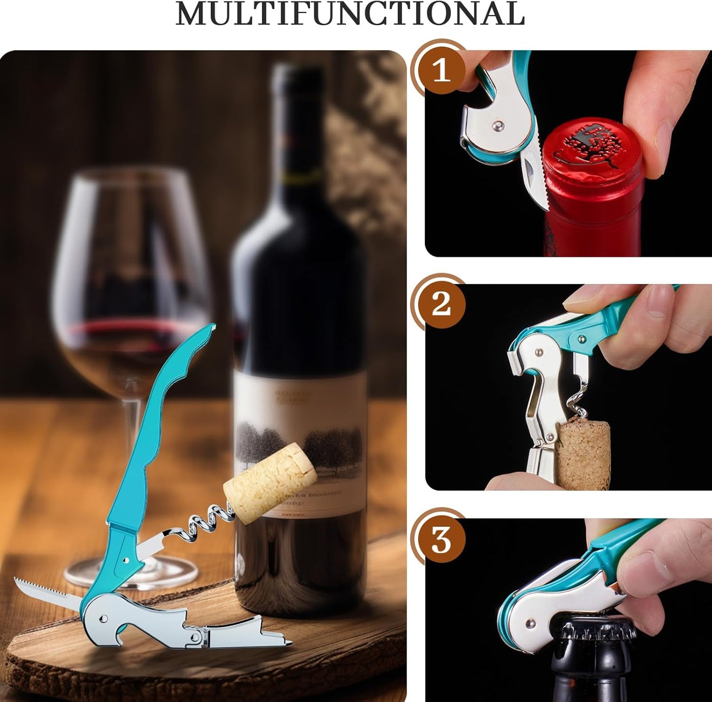 HYZ 2-Pack Wine Opener Waiter Corkscrew, Professional Wine Key for Servers, Bartender with Foil Cutter, Manual Wine Bottle Opener Double Hinged (Blue)