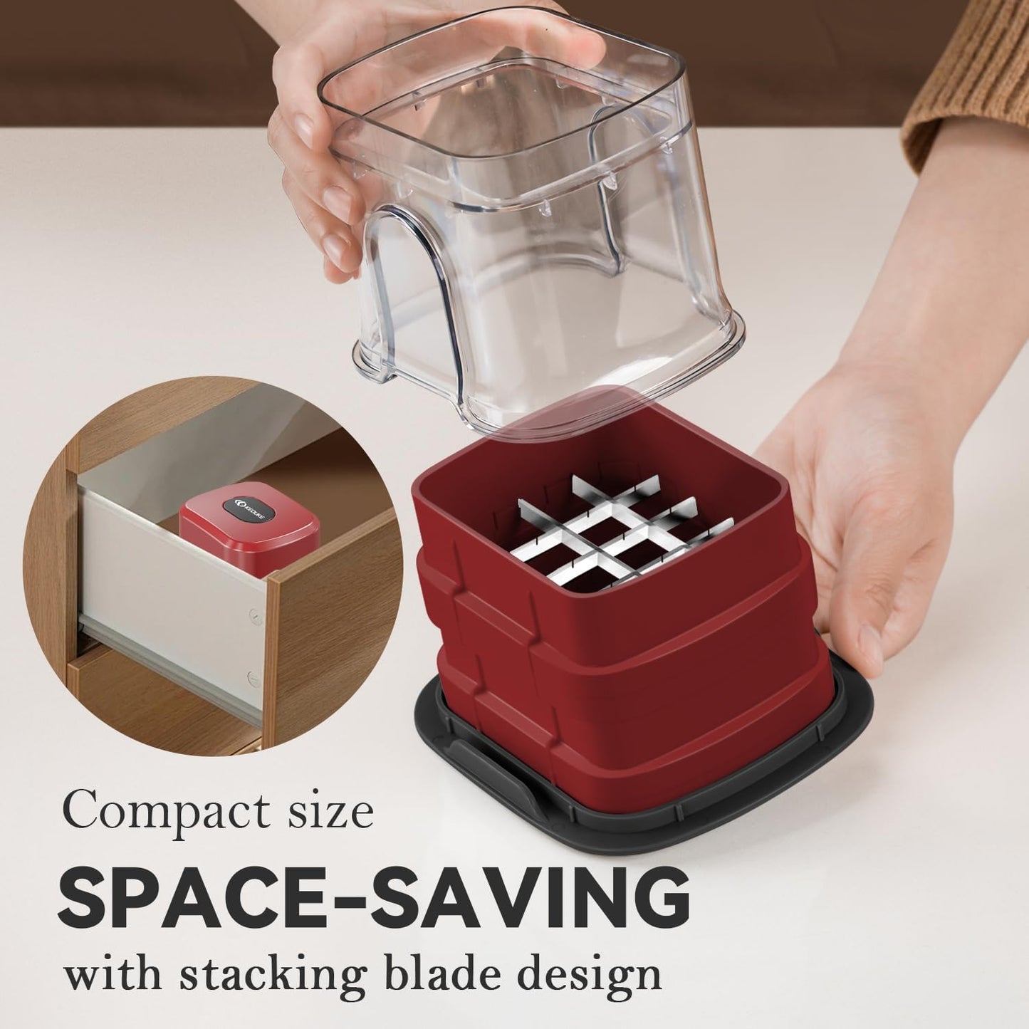 KEOUKE Multifunctional Vegetable Chopper Red - 3 Interchangeable Blades Potato French Fry Cutter with Container & Storage Box Food Chopper Dicer for Cucumber, Tomato, Carrot, Onion