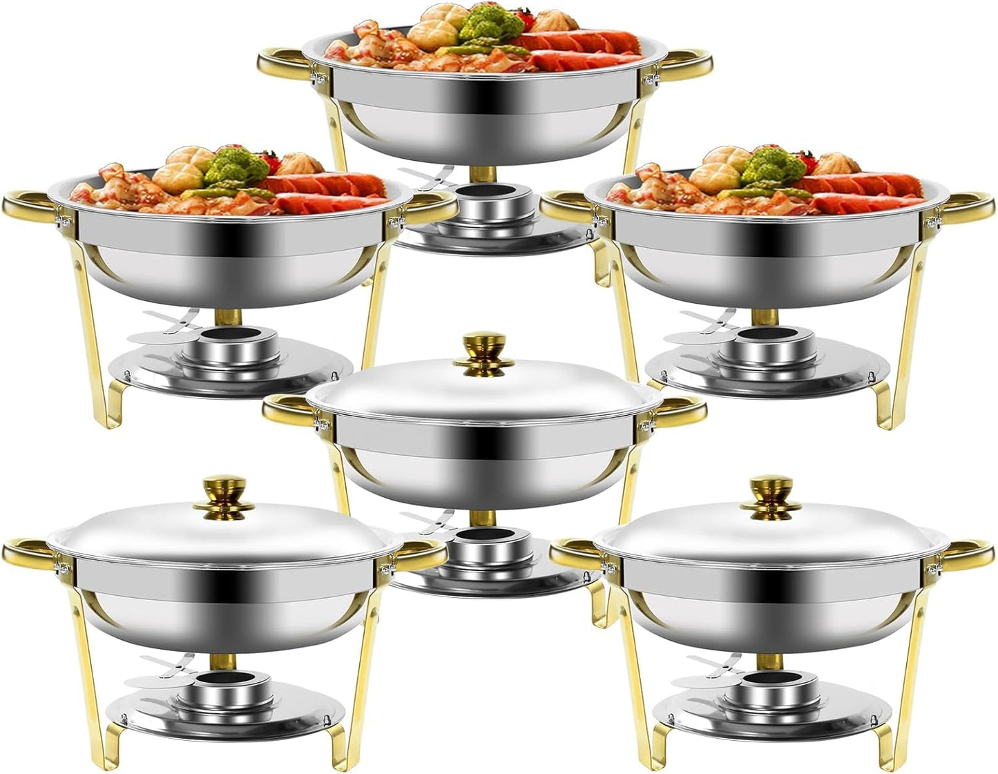 Gold & Silver Chafing Dishes for Buffet with Lid 5QT, 6 Pack - Food-Grade Stainless Steel Chafers and Buffet Warmers Sets with Lid Holder, Rolled Edge Design, for Party, Banquet