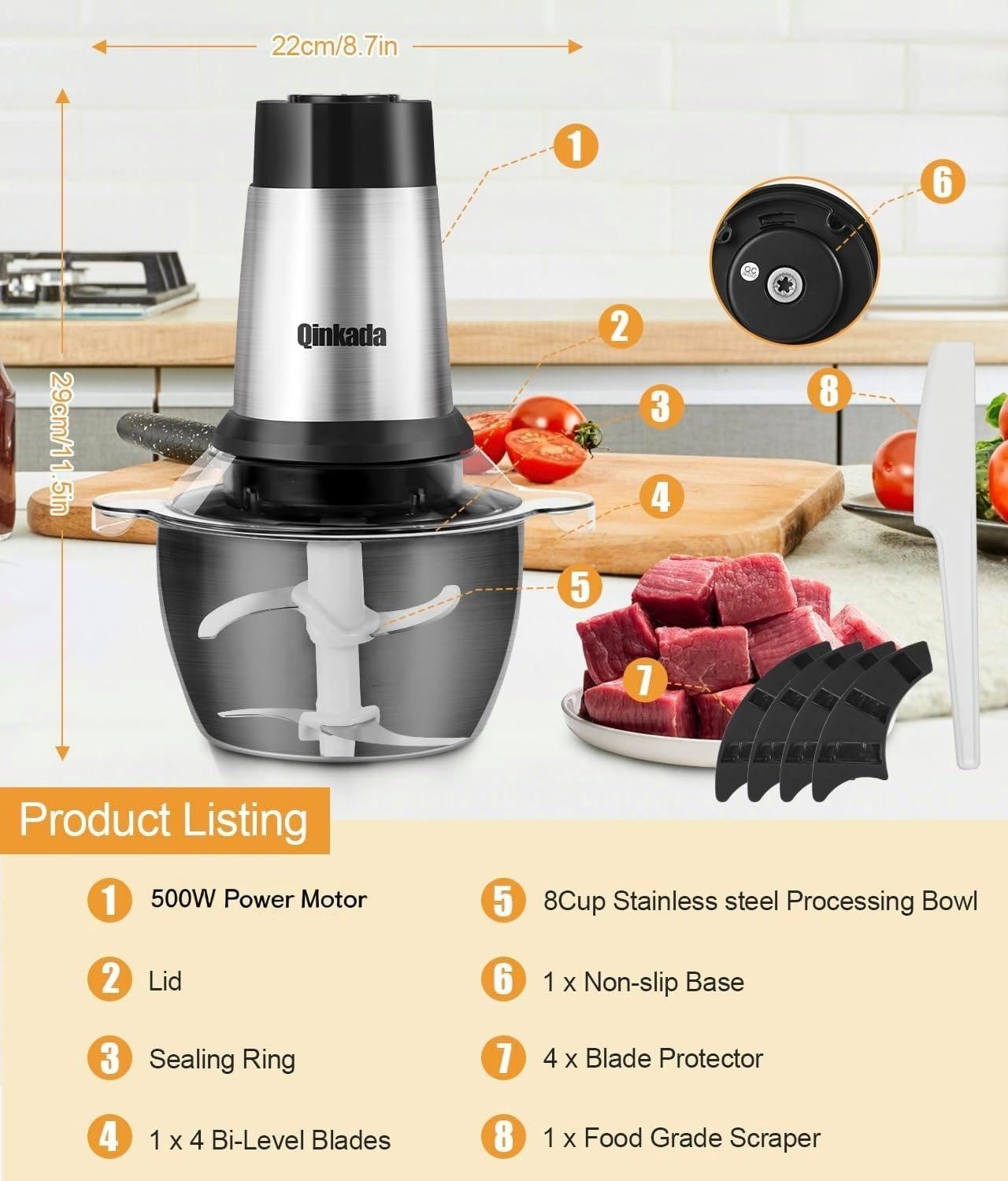 Meat Grinder, 500W Powerful Food Processors, 8Cup Stainless Steel Bowl, 3 Speed Modes 4 Bi-Level Blades for Onion, Meat, Nuts, Fruit, Garlic, Vegetable, Baby Food