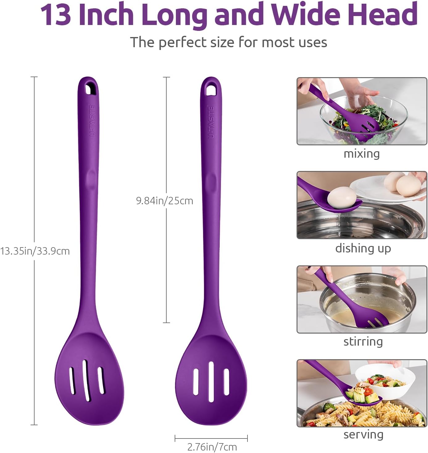 600ºF Heat Resistant Slotted Spoon: U-Taste 13.3in Solid Kitchen Cooking Spoon, Nonstick Food Grade Large & Long Rubber Utensil for Mixing, Serving, Stirring, Basting, Frying, Draining (Purple)