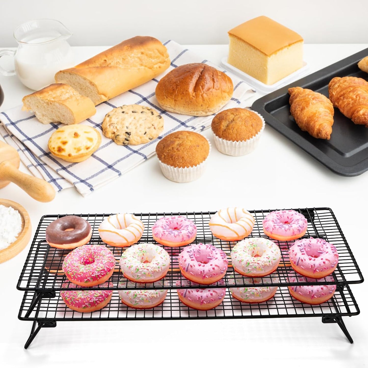 Kingrol 2-Piece Cooling Rack with Collapsible Folding Legs - for Cooking, Roasting, Drying, Grilling (Black)