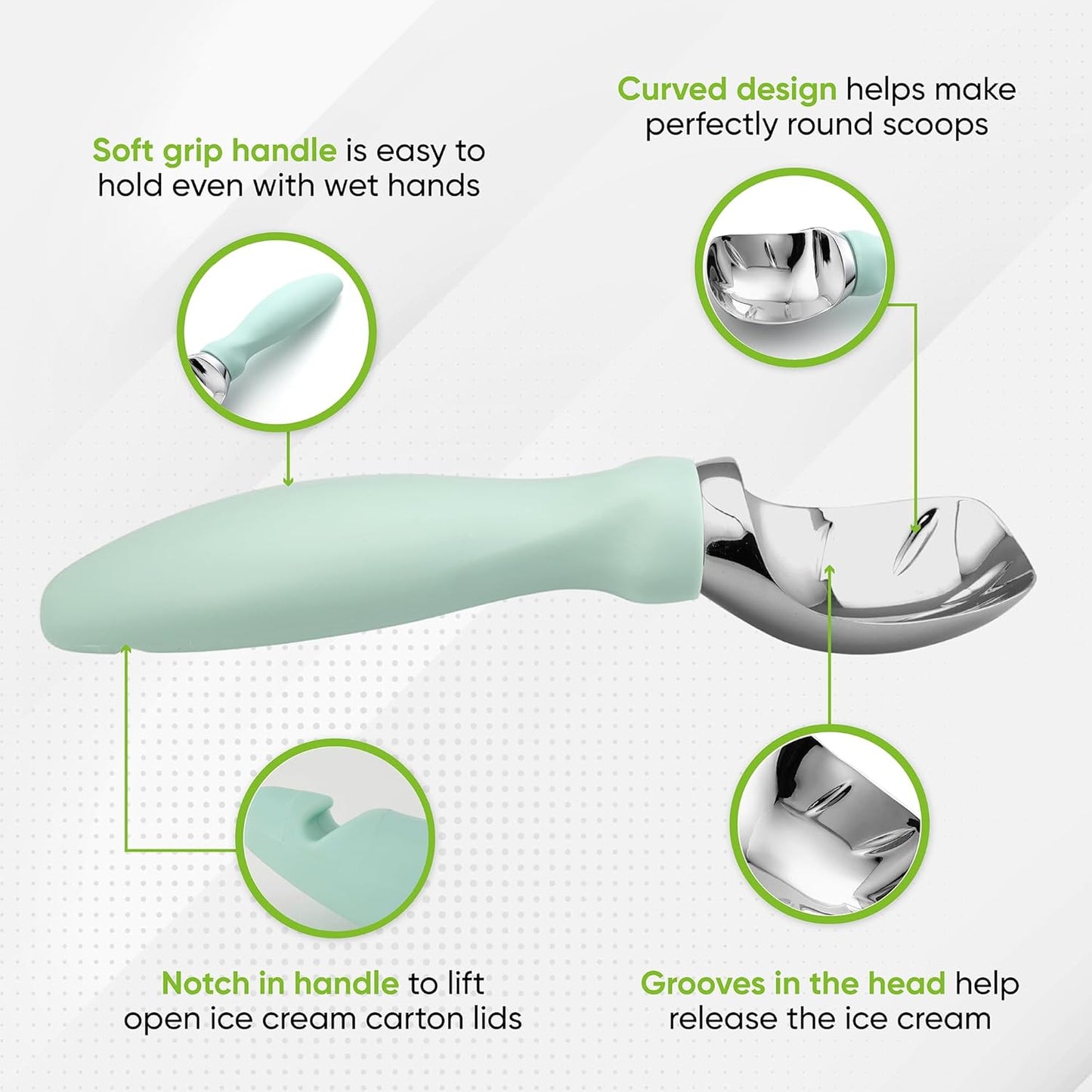 Spring Chef Heavy Duty Ice Cream Scoop with Comfortable Handle, Professional Metal Ice Cream Scooper for Gelato, Sorbet, Cookie Dough, Frozen Yogurt - Dishwasher Safe Kitchen Tool - Mint