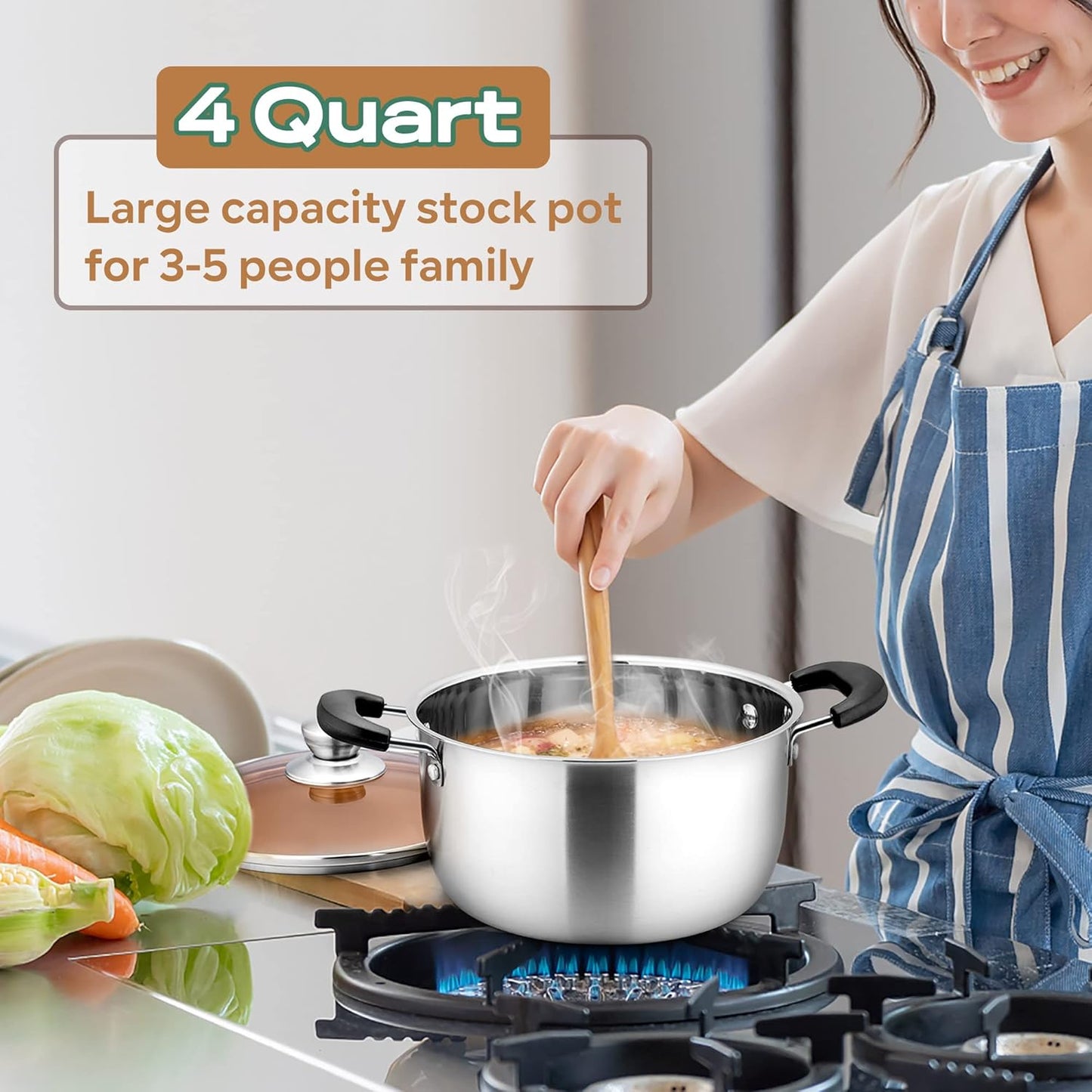 LIANYU 4QT Stock Pot, Stainless Steel Soup Pasta Pot with See-Through Lid, Heavy Duty Stockpot for Strew Simmer Boiling, Heat-proof Handle, Dishwasher Safe