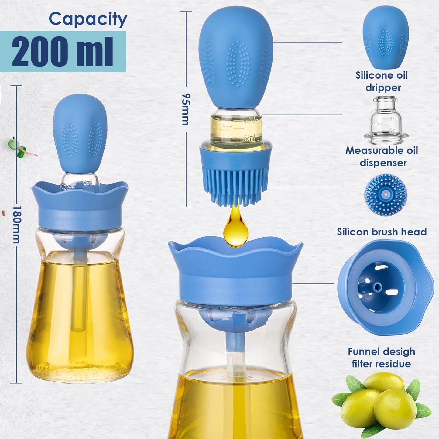 Oil Dispenser Bottle with Silicone Brush, 3 Pack 180ML 2 in 1 Silicone Dropper Measuring Oil Dispenser Bottle for Kitchen Cooking, Frying, Baking, BBQ Pancake, Air Fryer, Marinating