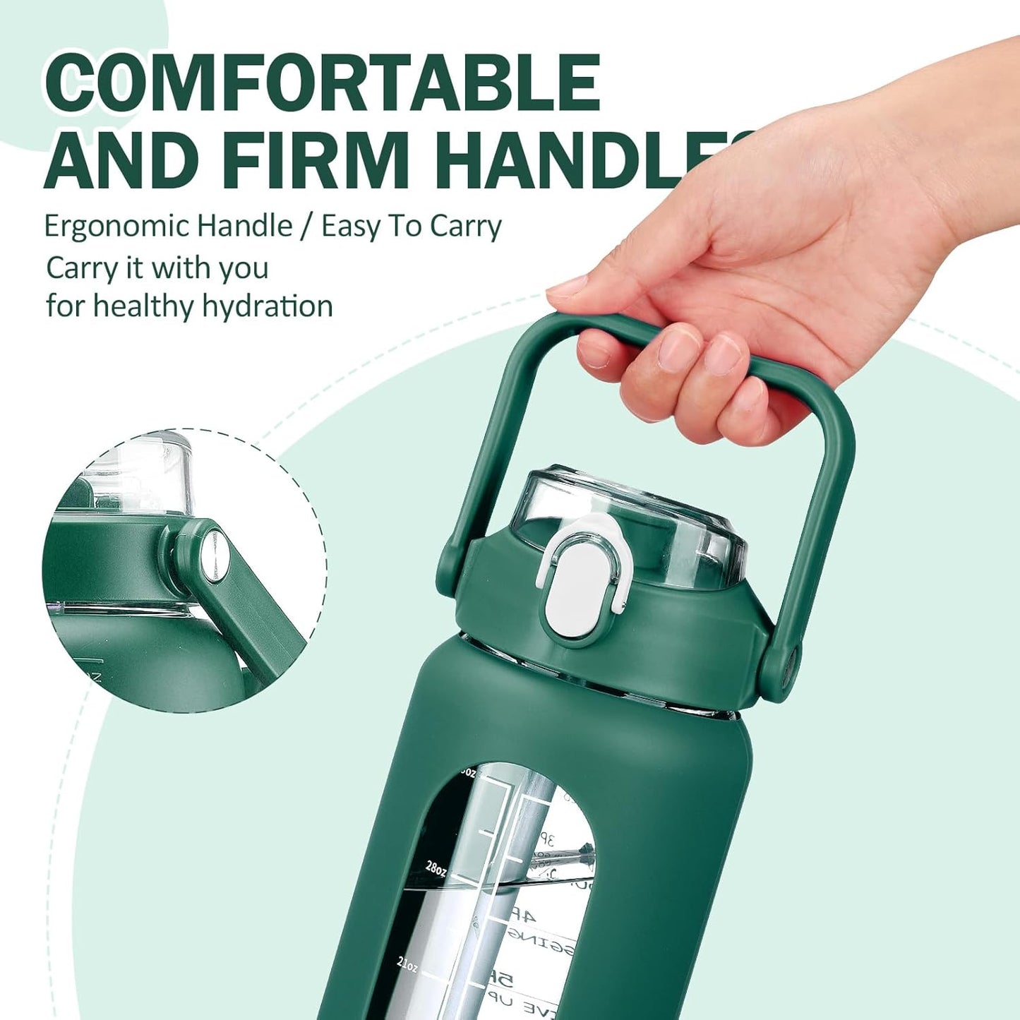 kytffu 42oz Glass Water Bottles with Straw, Motivational Glass Bottle with Silicone Sleeve and Time Marker, Leakproof Large Glass Water Jug for Gym Home Office, Ink green