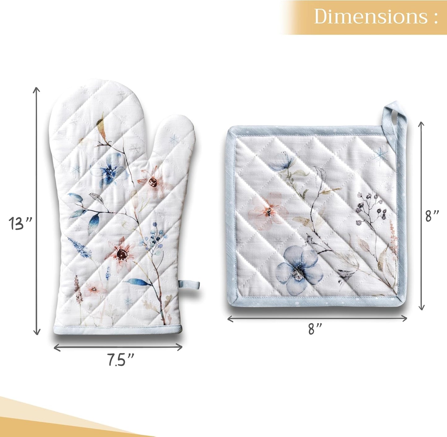 Maison d' Hermine 100% Cotton Oven Mitt & Pot Holder Set (7.5"x13" & 8"x8") Heat Resistant BBQ Cooking Gloves with Loop, Baking, Grilling, Kitchen, Handling Hot Pans (Ice Florals)