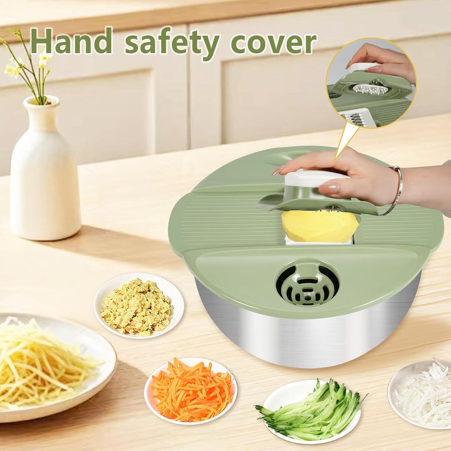 Stainless Steel Salad Spinner Large, Vegetables Fruits Wash Bowl with Strainer, Lettuce Spinner Dryer with 5 Blades Slicer, Egg Yolk Strainer, Shredder for Efficient Salad Preparation 5.3Qt