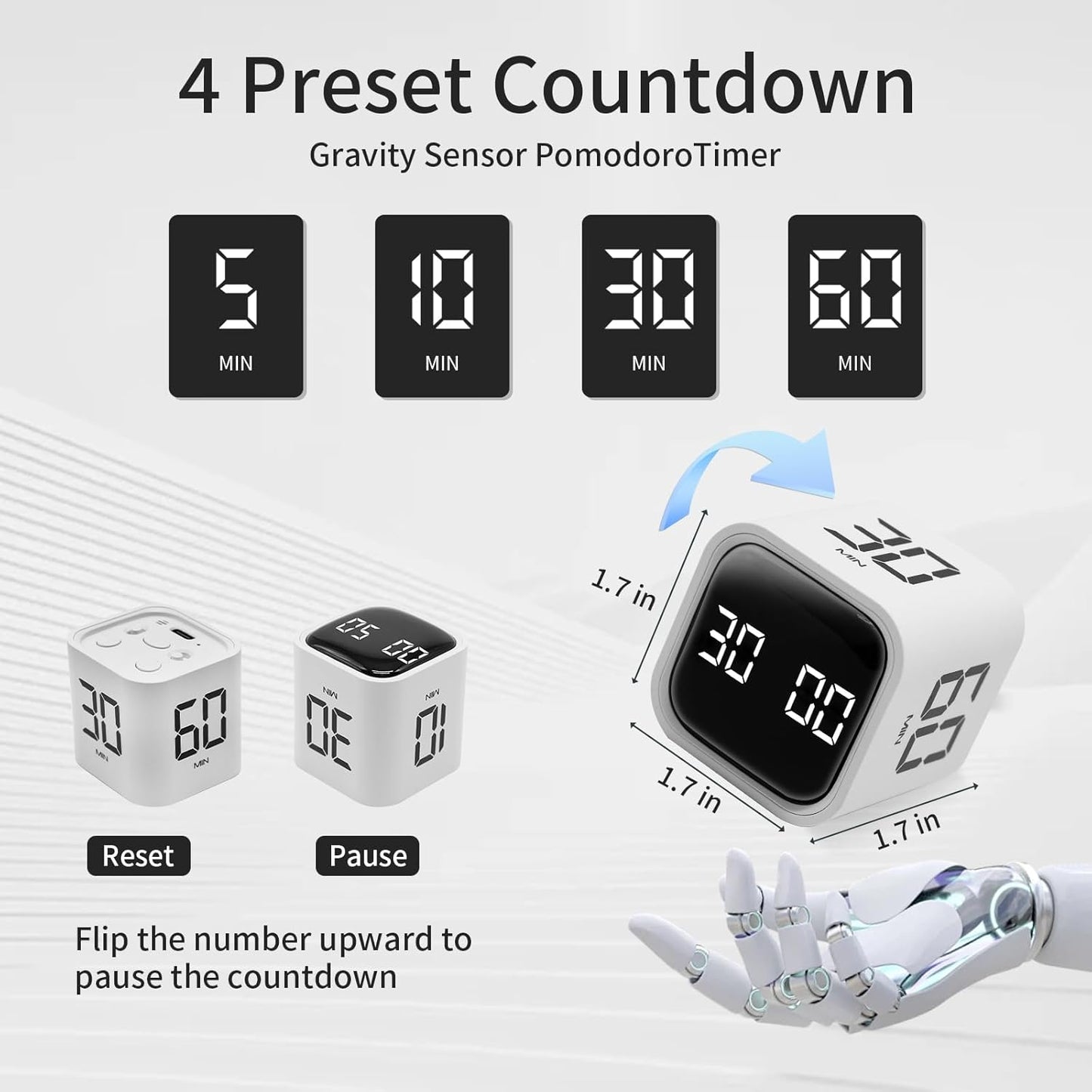 Productivity Timer Flip Gravity Sensor Cube Timer Countdown & Countup,Mute & Vibrate & Sound，5/10/30/60min & Custom Timing, Perfect for ADHD,Work,Learning,Kitchen Cooking