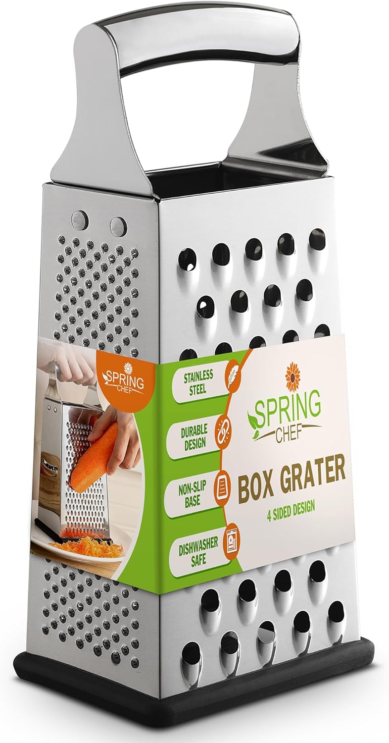 Spring Chef Professional Large Parmesan Cheese Grater, Stainless Steel Metal Box Grater with Handle, 4 Sided Handheld Kitchen Food Shredder for Cheese, Carrot, Veggie, Ginger, Potato - Dishwasher Safe