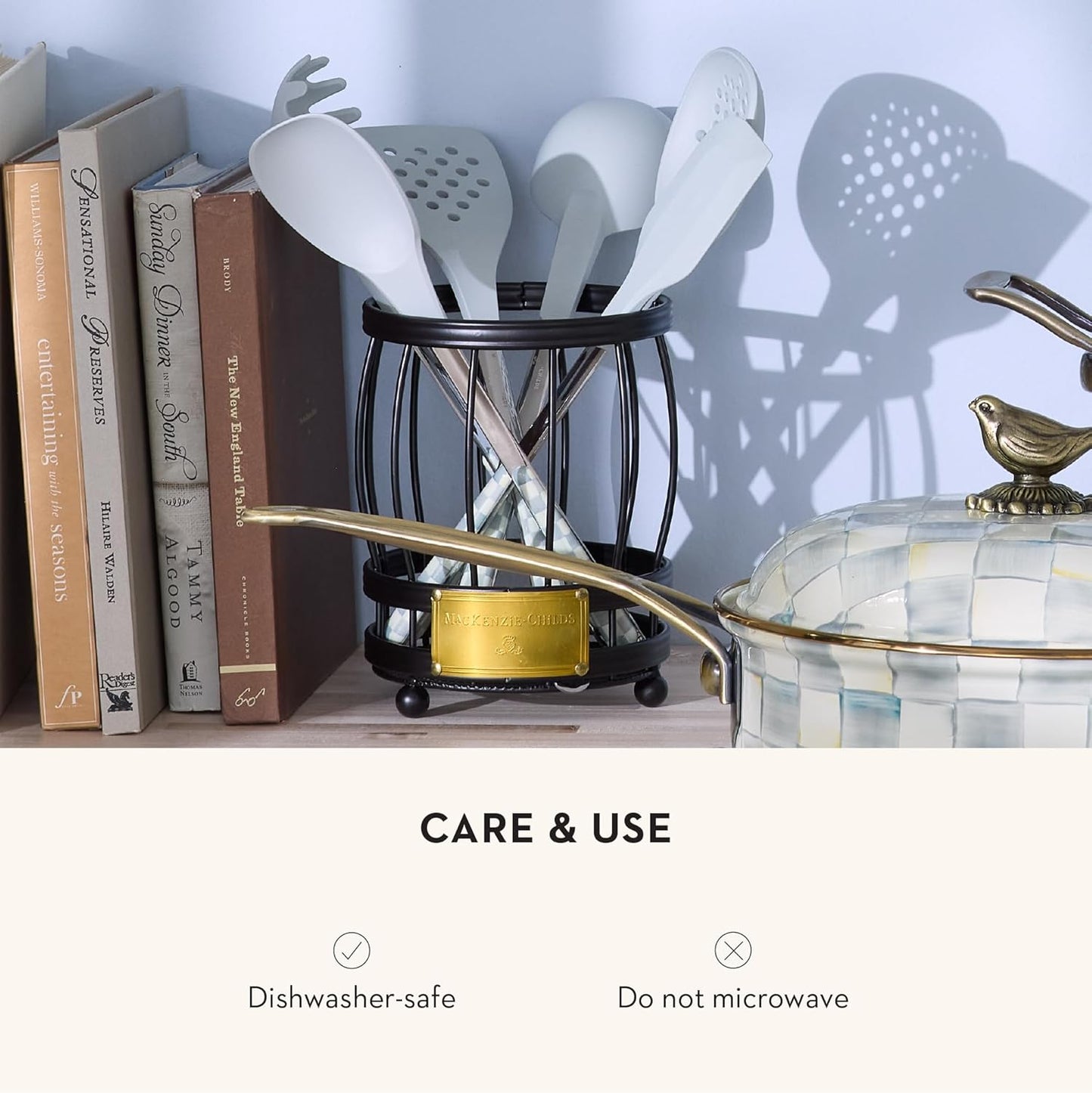 MACKENZIE-CHILDS Kitchen Pasta Spoon, Silicone Spaghetti Spoon, Gray-and-White Sterling Check