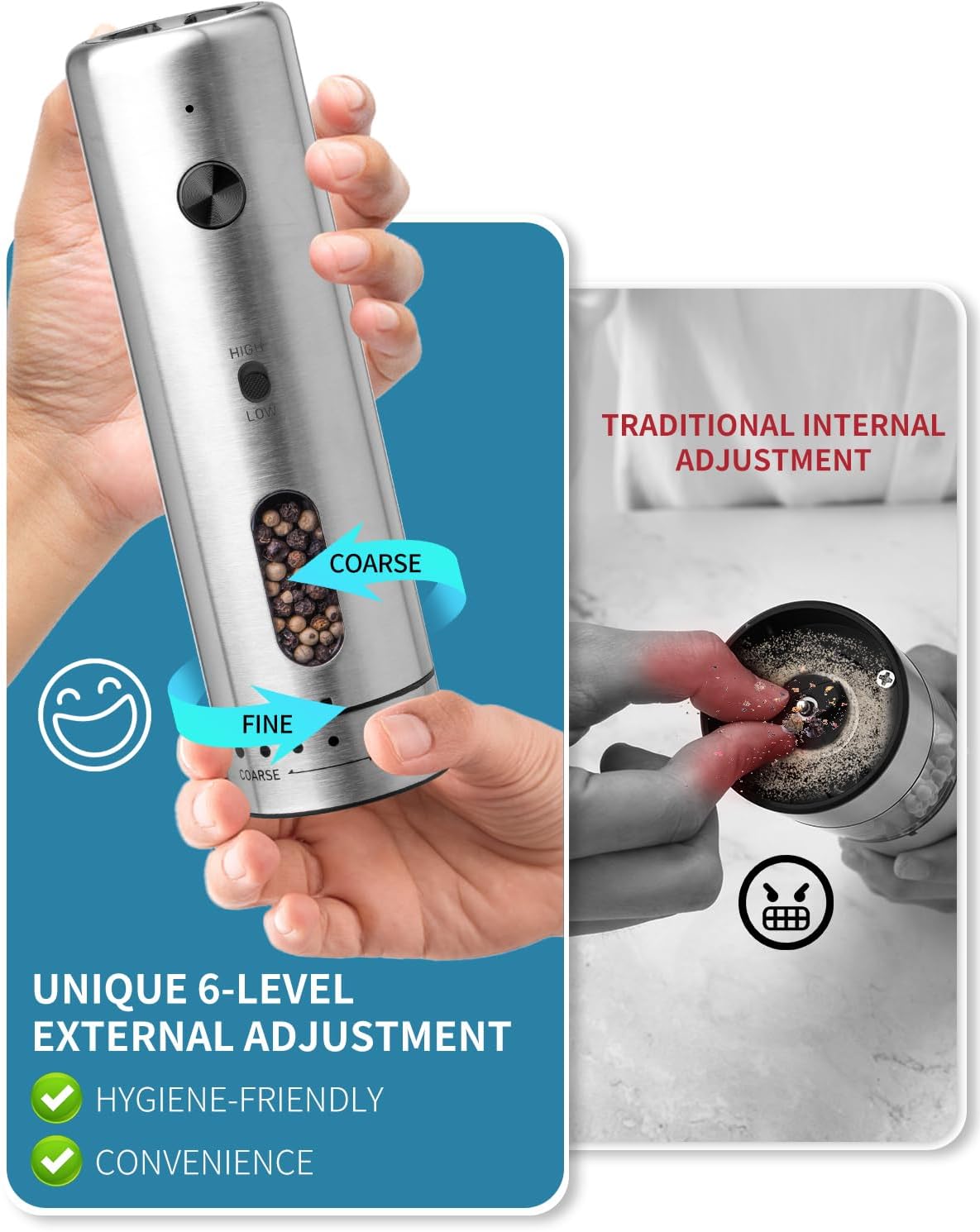 CIRCLE JOY Electric Salt and Pepper Grinder Set with Rechargeable Base Upgraded Stainless Steel Automatic Salt and Pepper Shakers with 2 Grinding Speeds, External Adjustment and 176ml Capacity, Silver