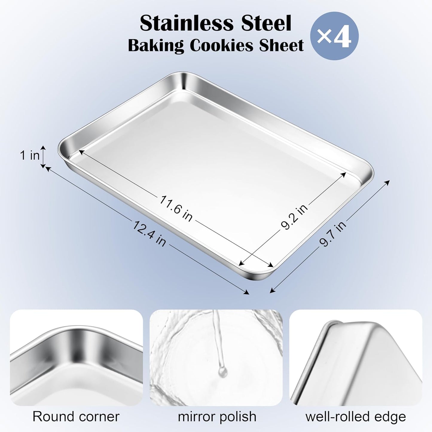 E-far Stainless Steel Baking Sheets Set of 4, 12.4” x9.7” Baking Cookie Sheets Pans for Oven, Non-toxic Metal Trays for Cake Cookies, Healthy & Rust Free, Mirror Finish & Dishwasher Safe