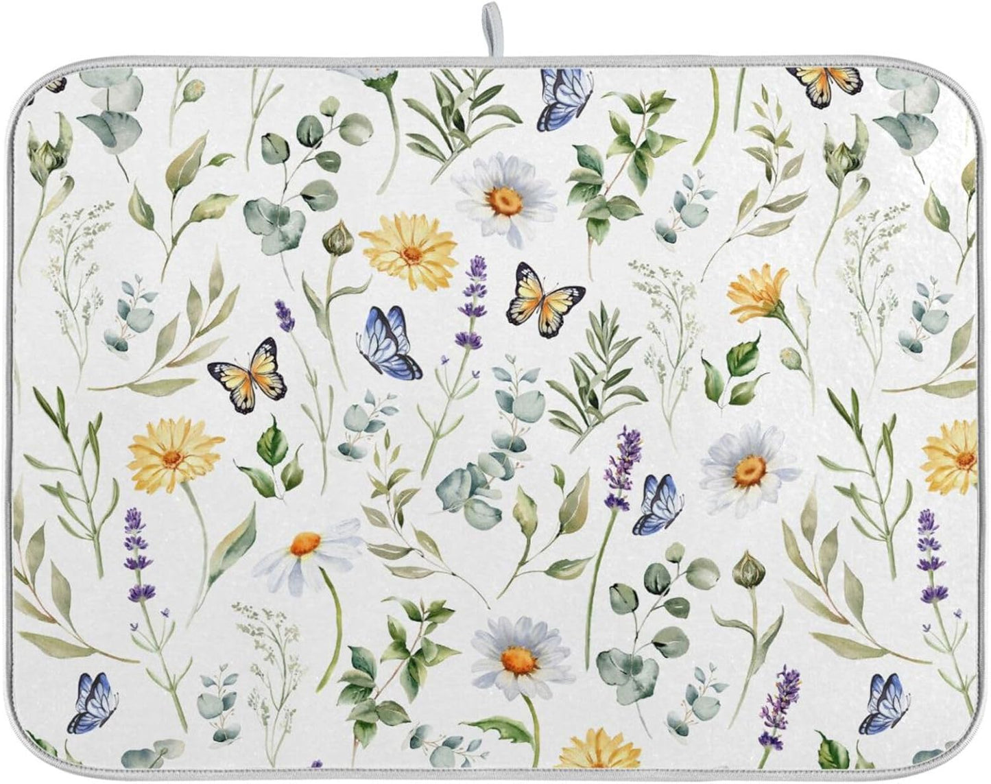 Wildflowers Butterflies Botanical Leaves Dish Drying Mat for Kitchen Counter Absorbent Microfiber Drying Pad, Medium 16x18 in, Reversible Drainer Mats