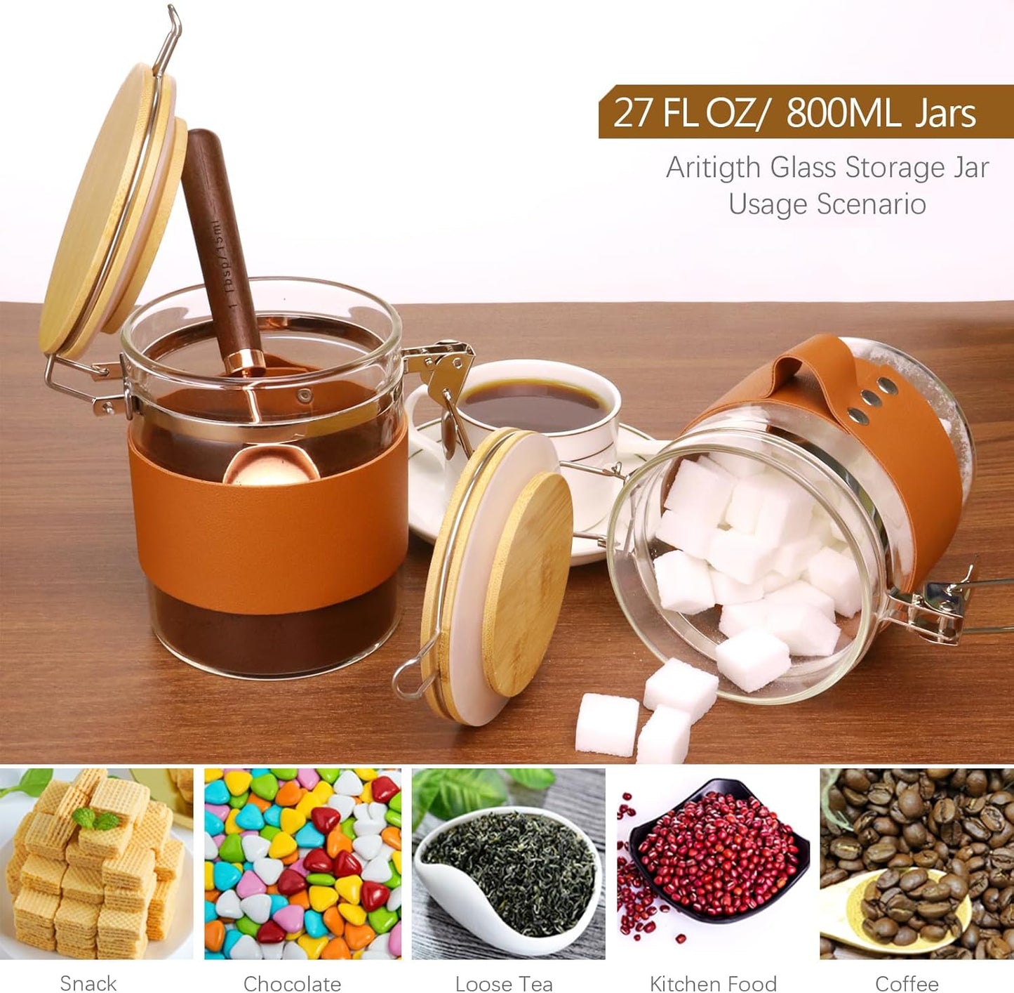 Glass Storage Jars with Spoon, Kitchen Food Storage jars with spoon, Glass Coffee Nuts Canister with Bamboo Lids, Scoop for Beans, Ground Coffee,Nuts, Cookie, Flour (27OZ×2)