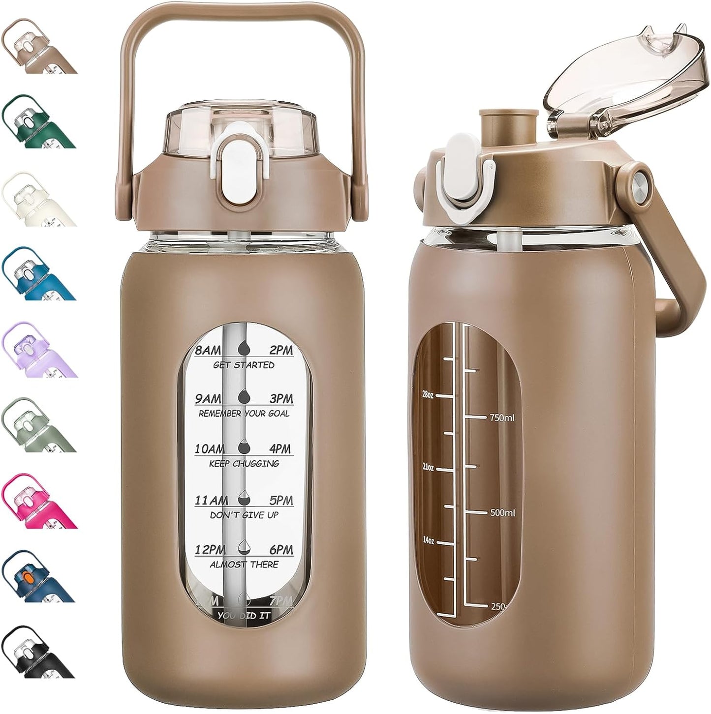 kytffu 42oz Glass Water Bottles with Straw, Motivational Glass Bottle with Silicone Sleeve and Time Marker, Leakproof Large Glass Water Jug for Gym Home Office,Amber