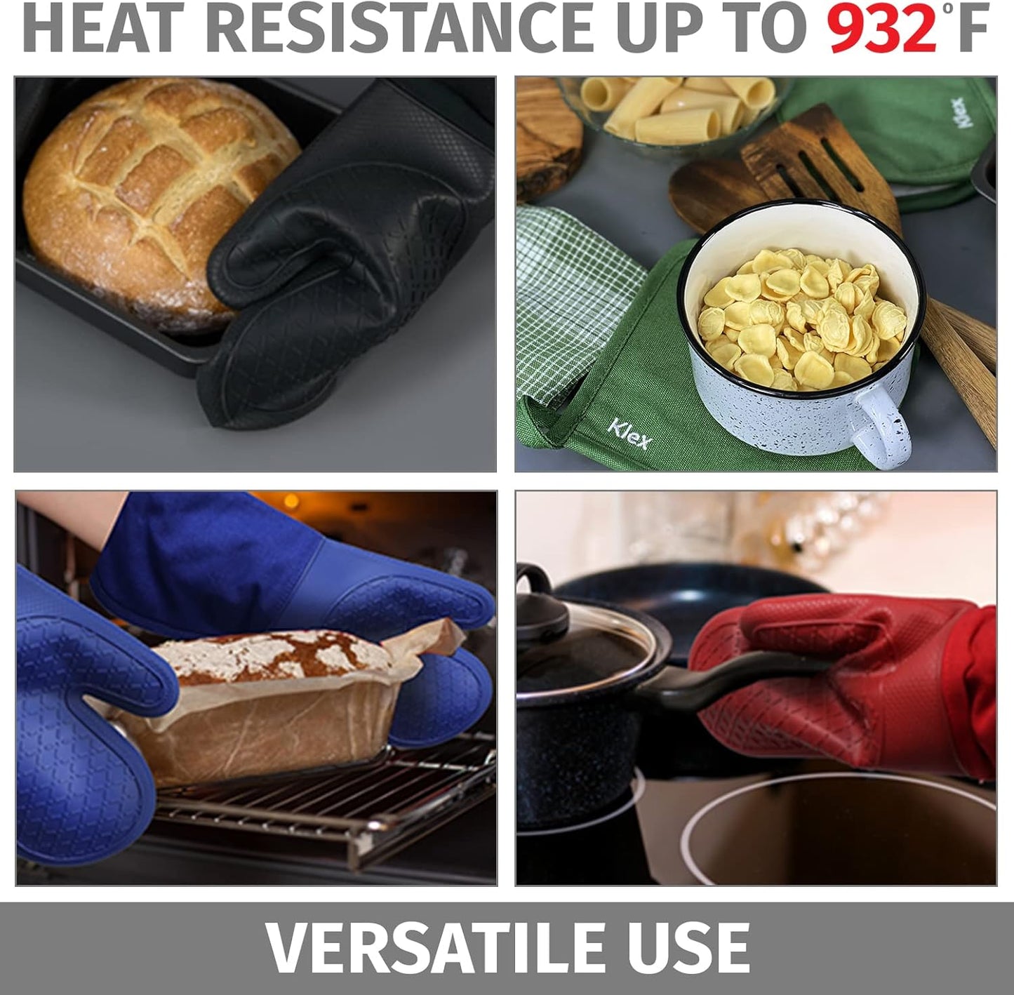 Klex Extra Long Silicone Oven Mitts and Pot Holders, 932°F Degrees Heat Resistance with Quilted Liner Oven Gloves and Hot Pads, 4 Piece Set, 15 inch, Red