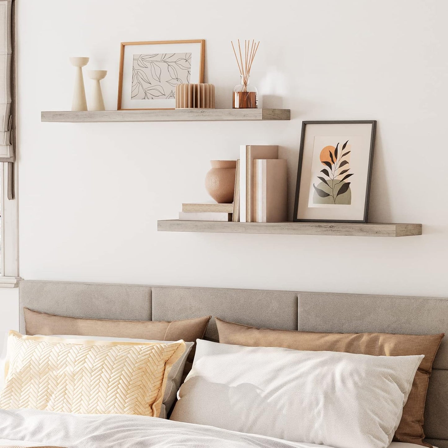 HOOBRO Floating Shelves for Wall, Wall Mounted Shelf Set of 2, 39.4" Hanging Shelf with Invisible Brackets, for Wall in Bathroom, Bedroom, Toilet, Kitchen, Livingroom, Office, Greige BG100BJP201