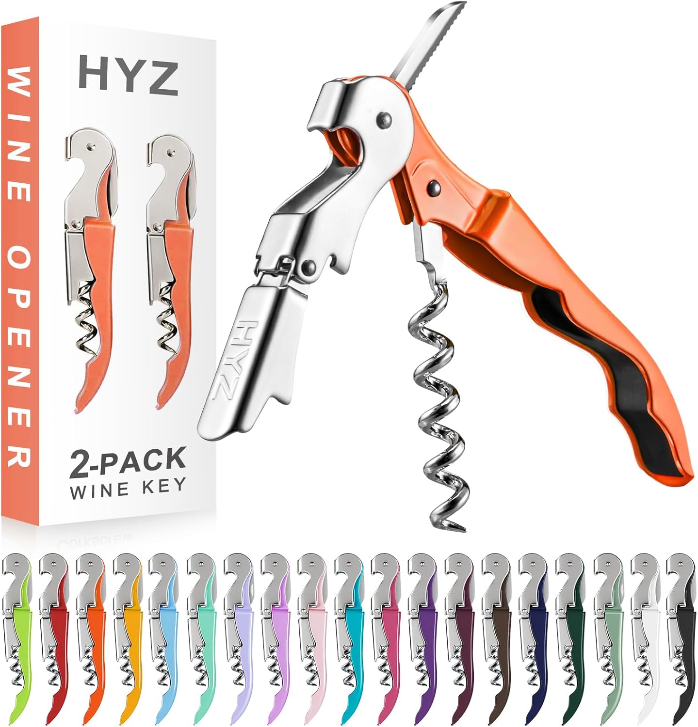 HYZ 2-Pack Wine Opener Waiter Corkscrew, Professional Wine Key for Servers, Bartender with Foil Cutter, Manual Wine Bottle Opener Double Hinged (Orange)