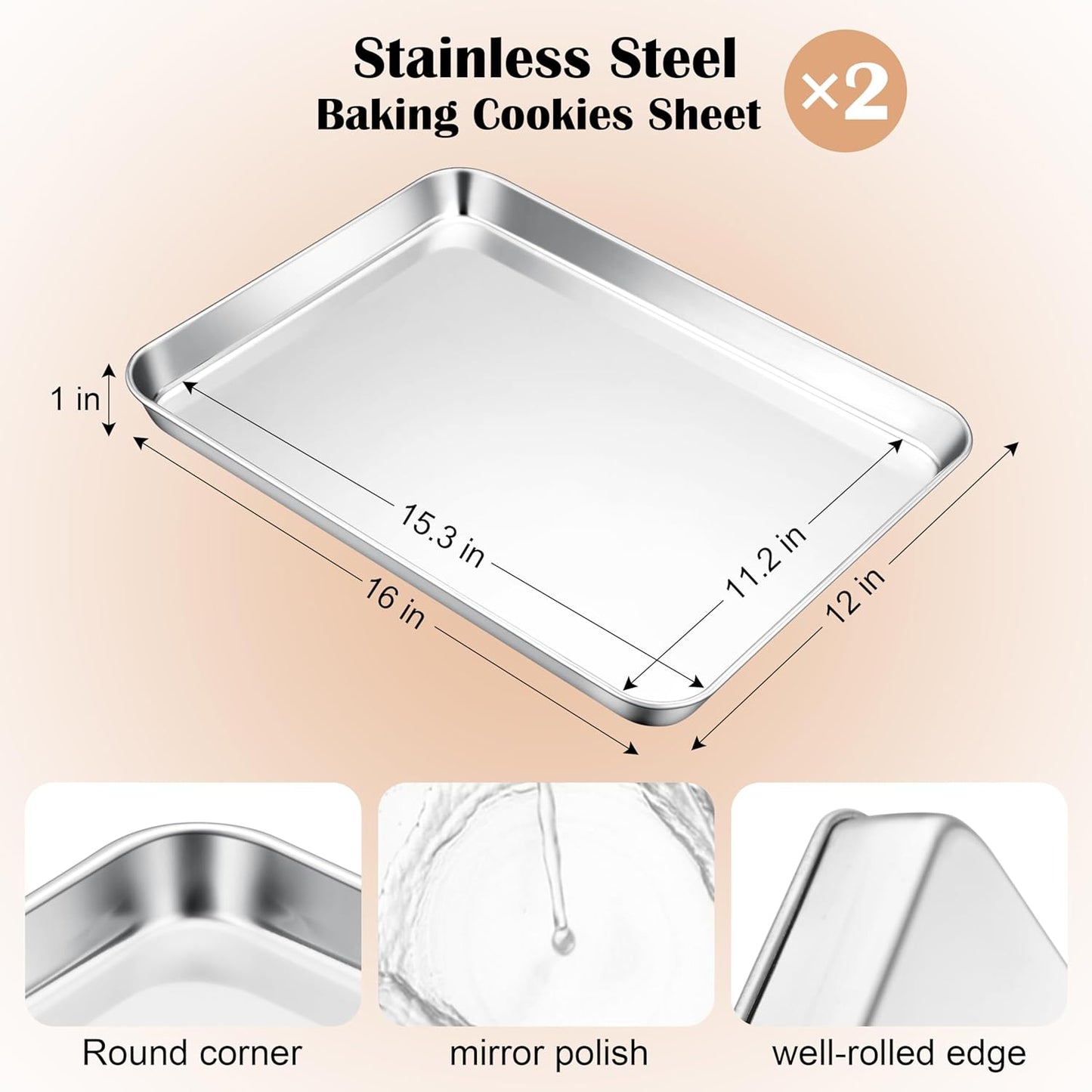 E-far Baking Sheets Set of 2, 16” x12” Stainless Steel Cookie Sheets Pans for Oven, Non-toxic Metal Trays for Baking Cake Cookie, Healthy & Rust Free, Mirror Finish & Dishwasher Safe
