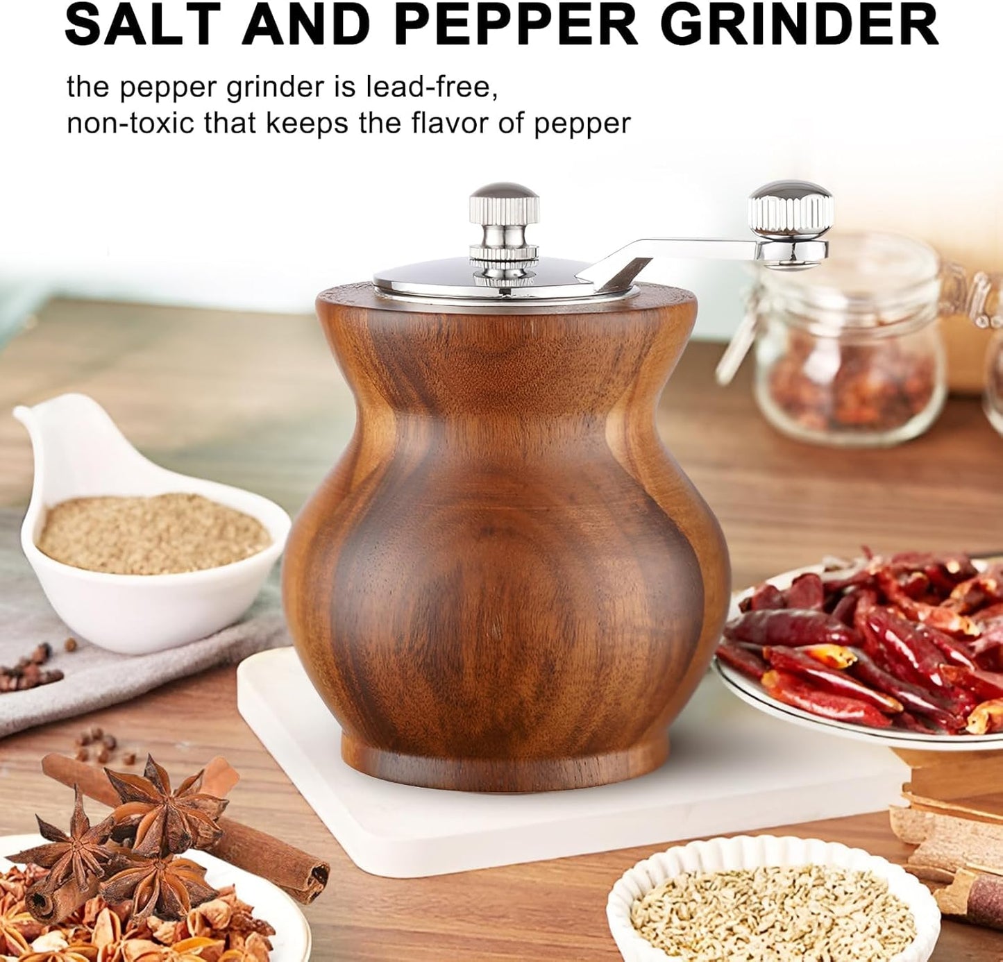 Pepper Grinder, Classical Hand Shake Wood Pepper Mills for Kitchen, Manual Wooden& Acrylic Pepper Grinder Hand Crank Salt Mill with Adjustable Coarseness, Great for Pepper, Sea Salt, Sesame