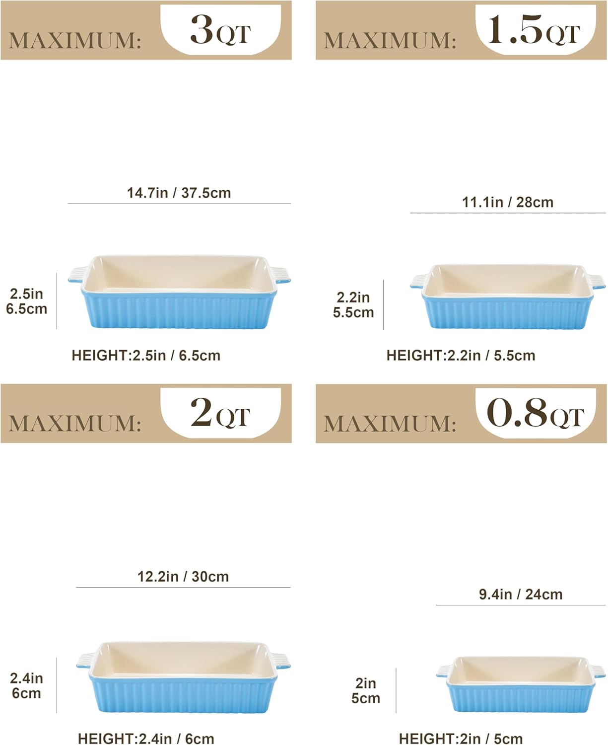 MALACASA Casserole Dishes for Oven, Porcelain Baking Dishes, Ceramic Bakeware Sets of 4, Rectangular Lasagna Pans Deep with Handles for Baking Kitchen, Blue (9.4"/11.1"/12.2"/14.7"), Series BAKE.BAKE