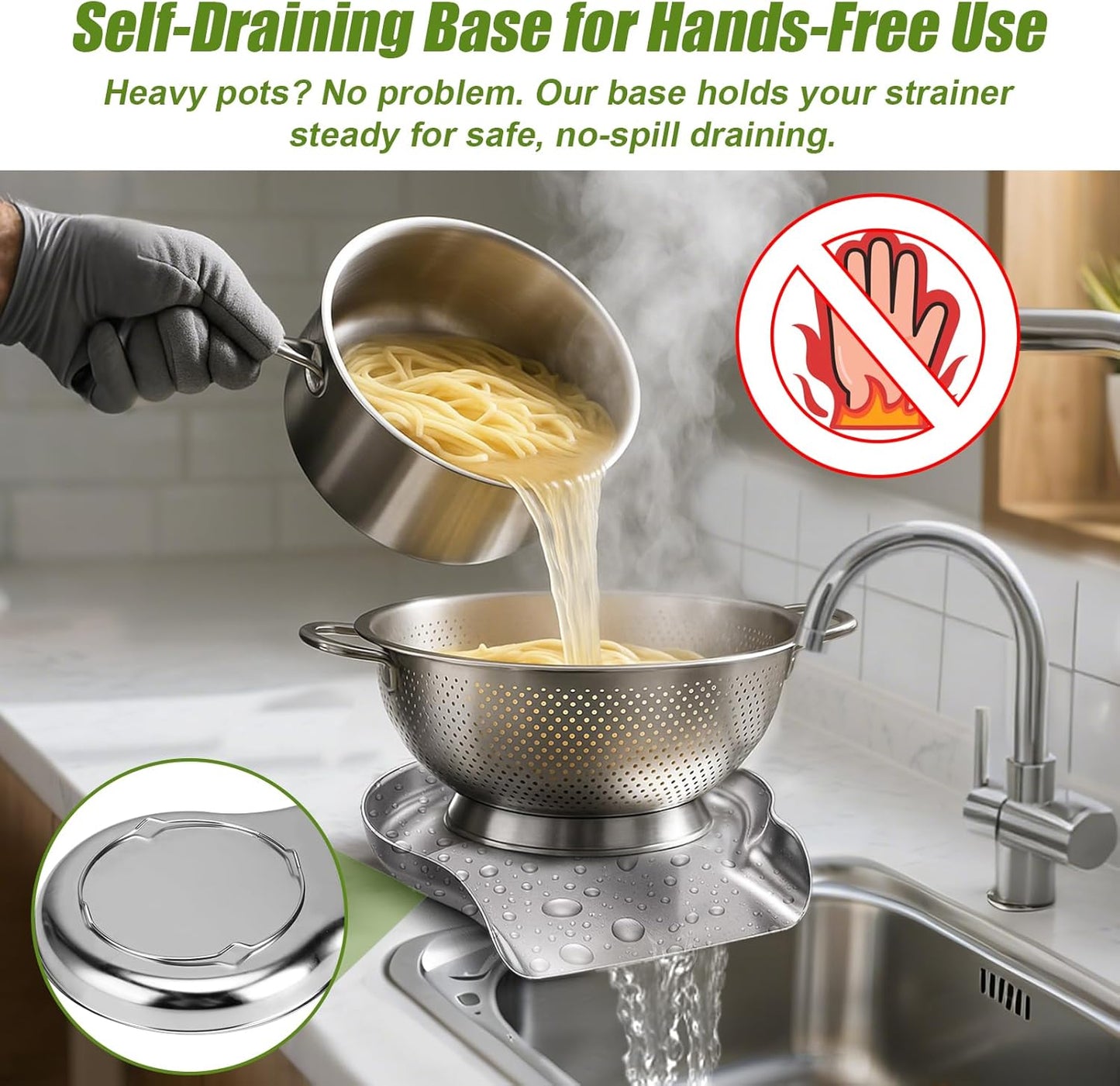 Palksky Colander and Strainer Self Drainer Base Plate Stainless Steel for Kitchen, Metal Countertop Draining Tray for Pasta Rice Noodle Fruit Veggie Food Strainer & Ceramic Colander