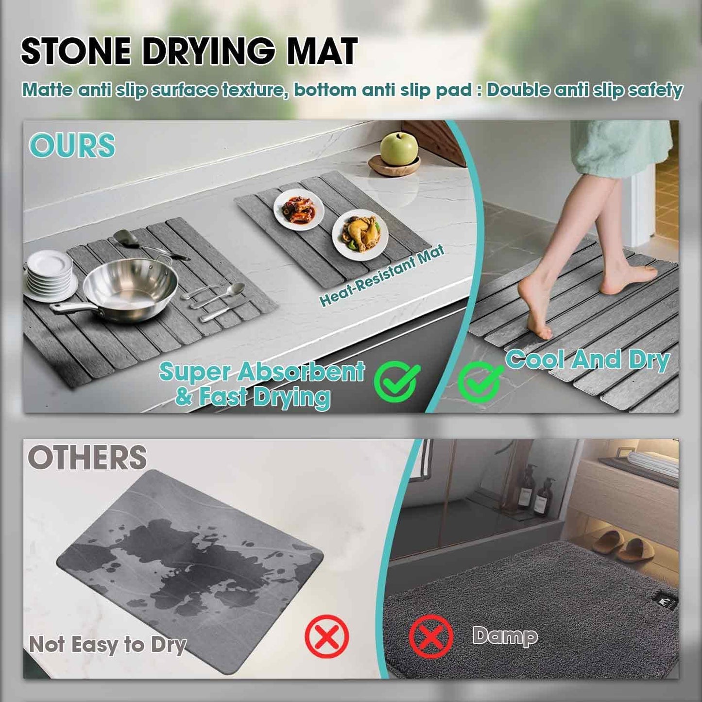 Dish Drying Mat Stone Bath Mat Diatomaceous Earth Stone Drying Mat For Kitchen Counter Sink Bath Mat Quick Dry Non Slip Foldable Dish Drying Rack Mat Large(24"×16" Dark Grey)