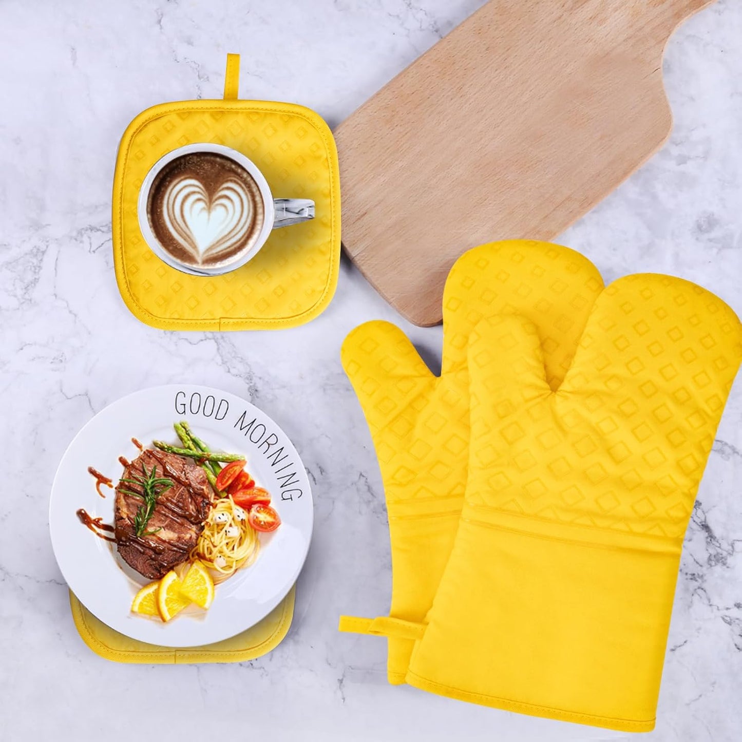 Set of 4 Oven Mitts and Pot Holders, 482 F Heat Resistant Hot Plate Moving Non-Slip Gloves for BBQ, Grill, Baking, Cooking, Oven, Microwave (Yellow)