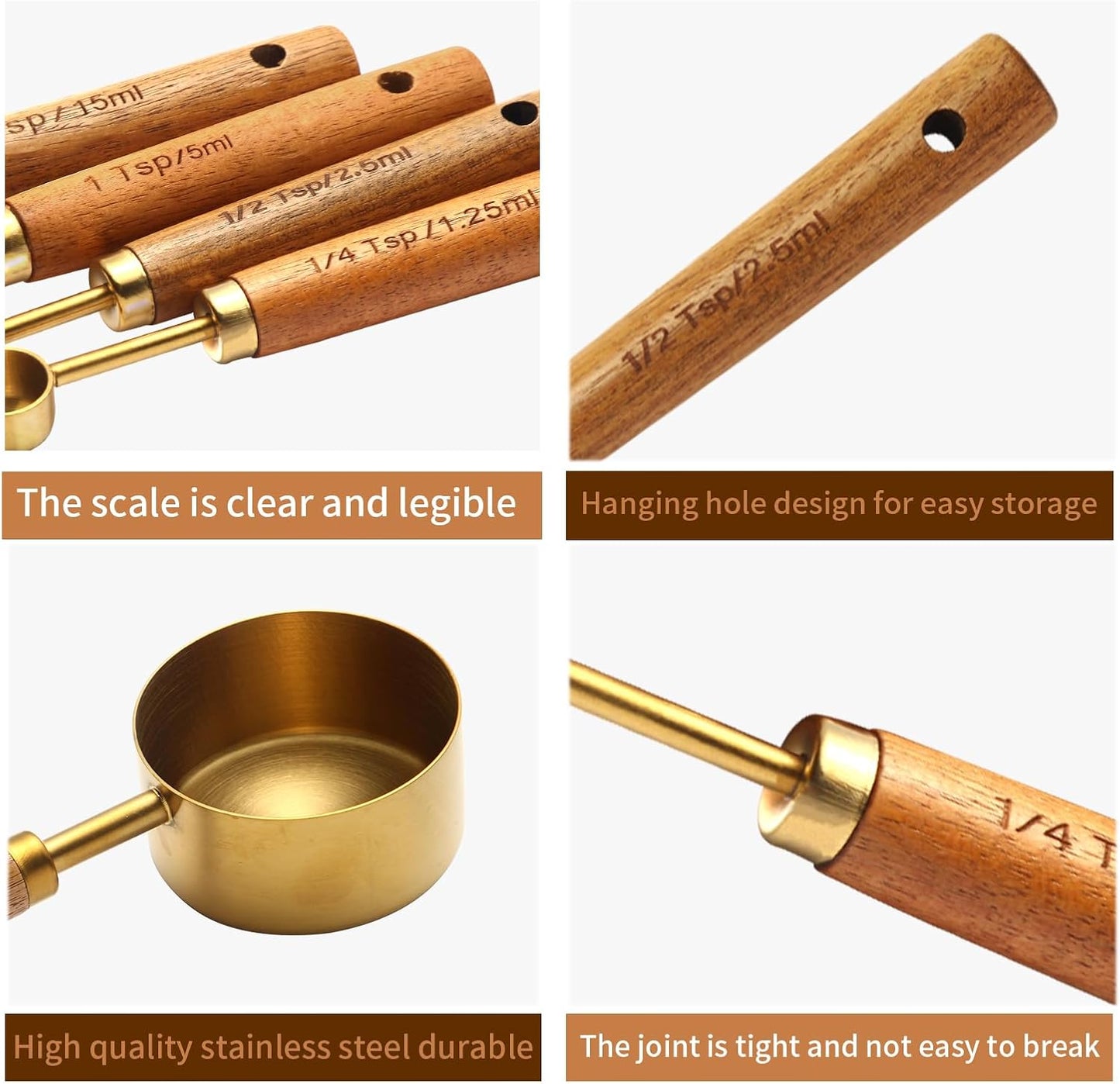 Gold Measuring Cups and Spoons Set of 4, Golden Stainless Steel Measuring Cups with Wooden Handles brass Measuring Spoons Set for Baking Supplies