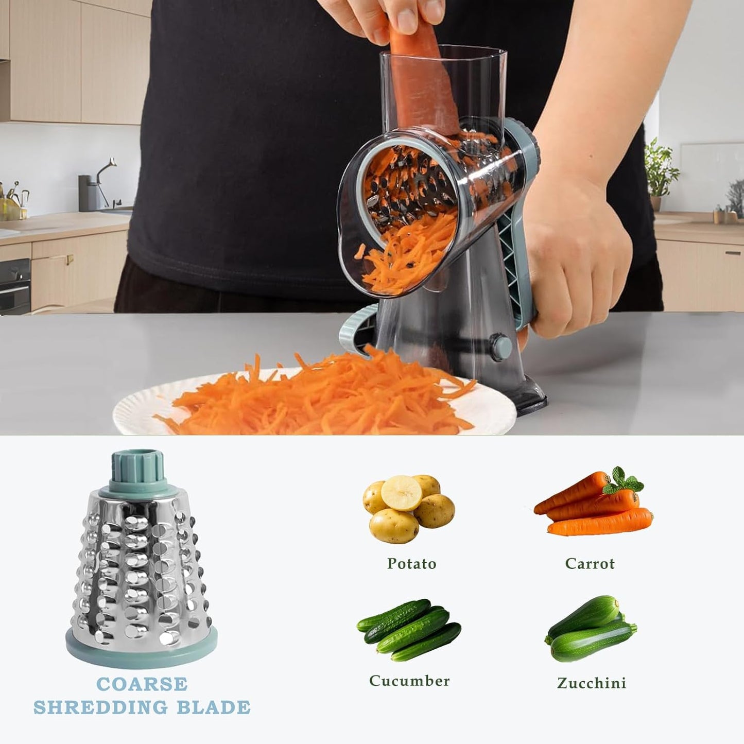 Rotary Cheese Grater, FOVXYVO Cheese Shredder with Strong Suction Base,Cheese Grater with Hand Crank for Kitchen for Cheese,Vegetables,Nuts,Chocolate,3 Changeable Blades
